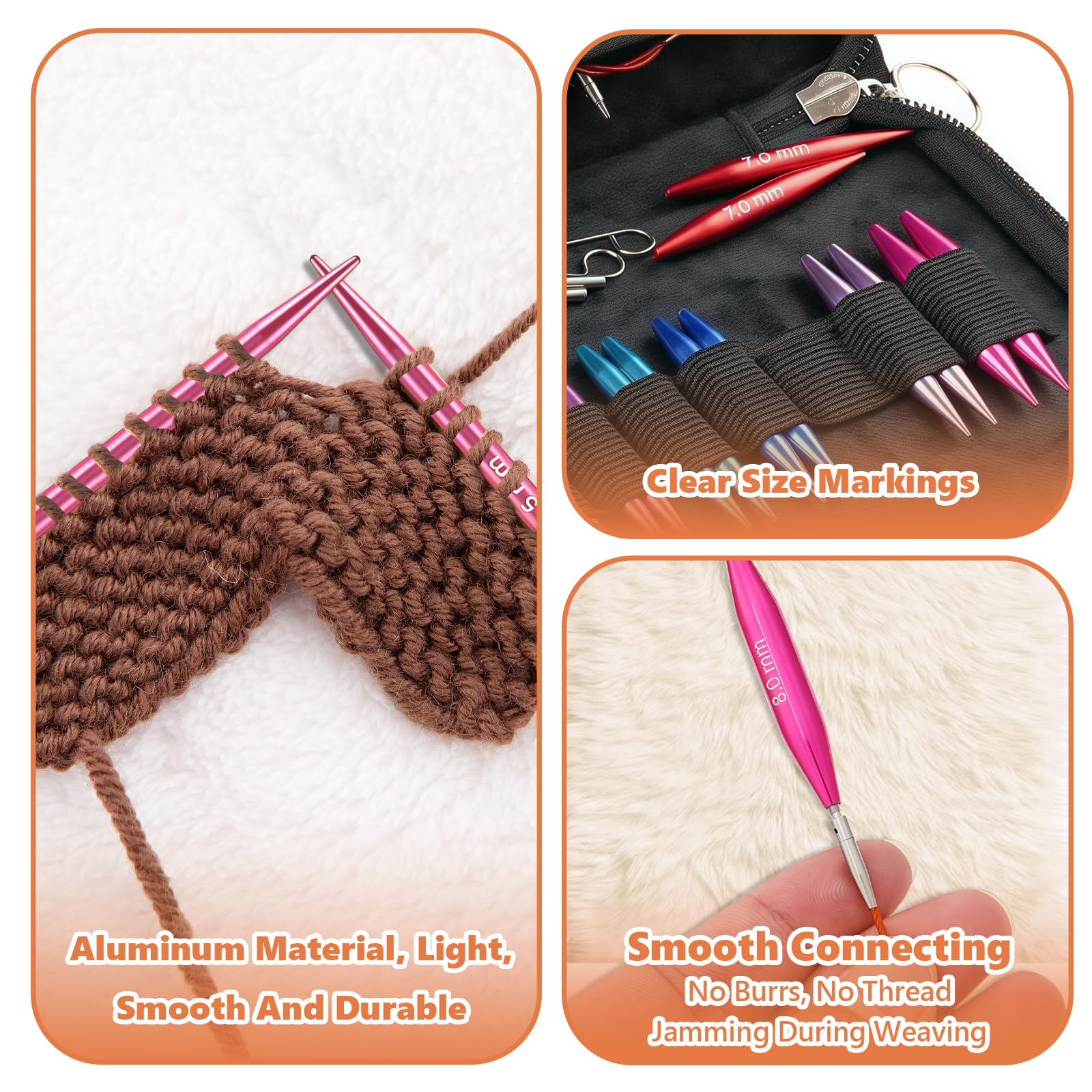 Lwuey Juego de Agujas Circulares Intercambiables Aluminio para Tejer 3-8mm | Agujas de 5 cm de Largo Ligeras 4 Cables Flexibles,Funda de Almacenamiento para Manualidades,Artesanías y Proyectos DIY