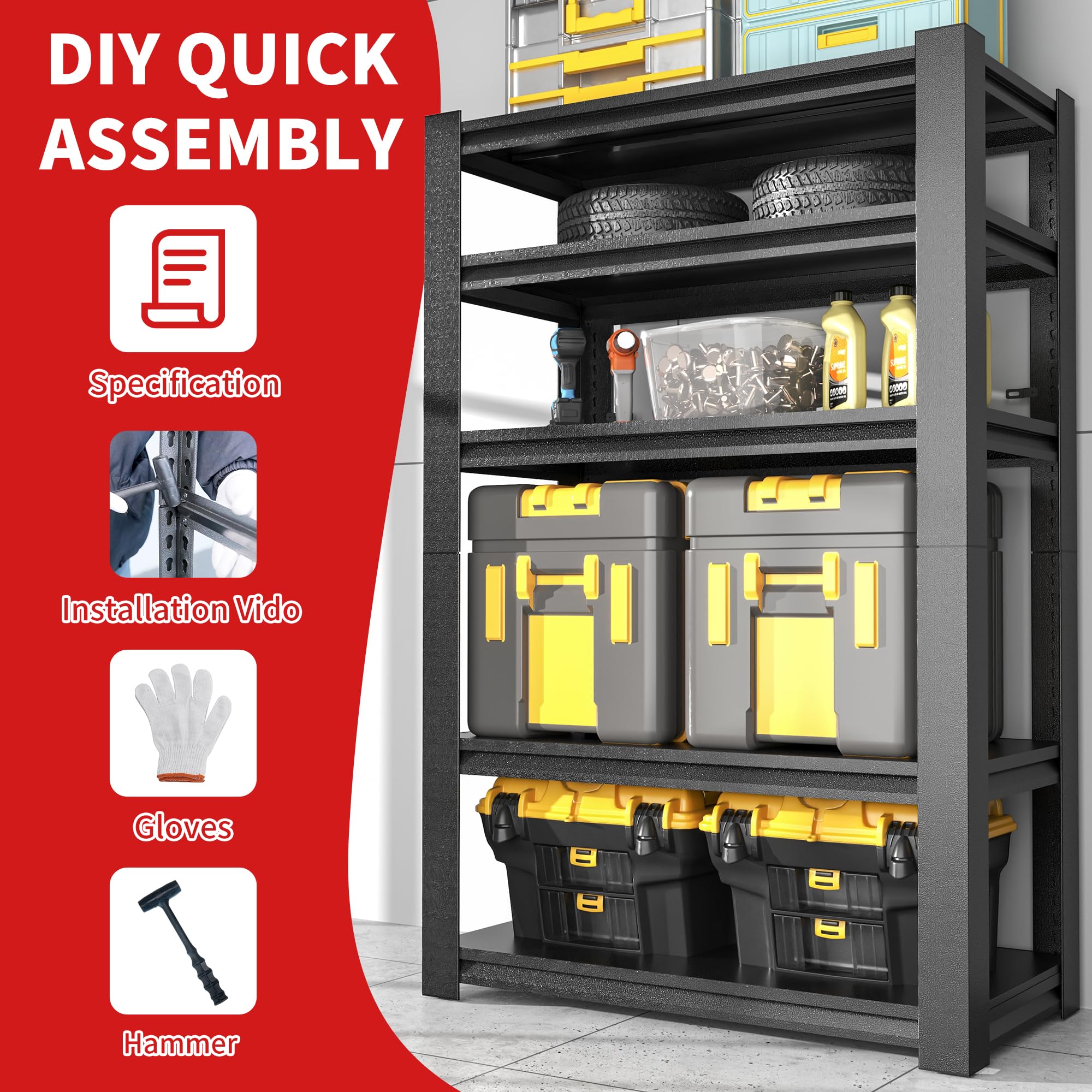 ガレージ収納棚 – 調節可能な5段の頑丈な金属製棚、2000ポンドの高耐