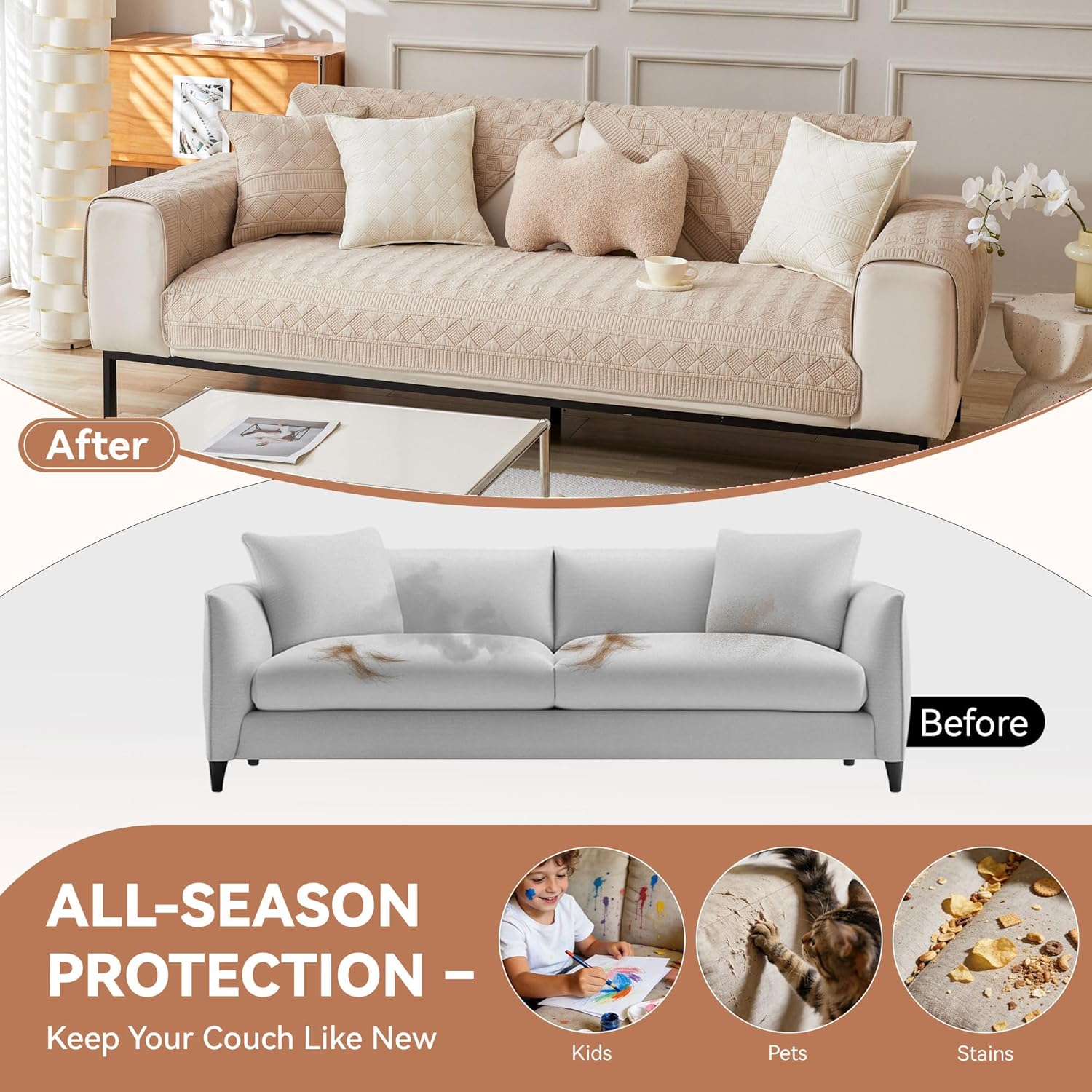 OTOB Cotton Quilted Couch Covers for 3 Cushion Couch Sofa, Washable Sofa Slipcovers Furniture Protector, All Season Non Slip Modern Geometric Pattern Soft Pet Couch Cover, 1 Piece (Khaki, 27.6"x82.7")