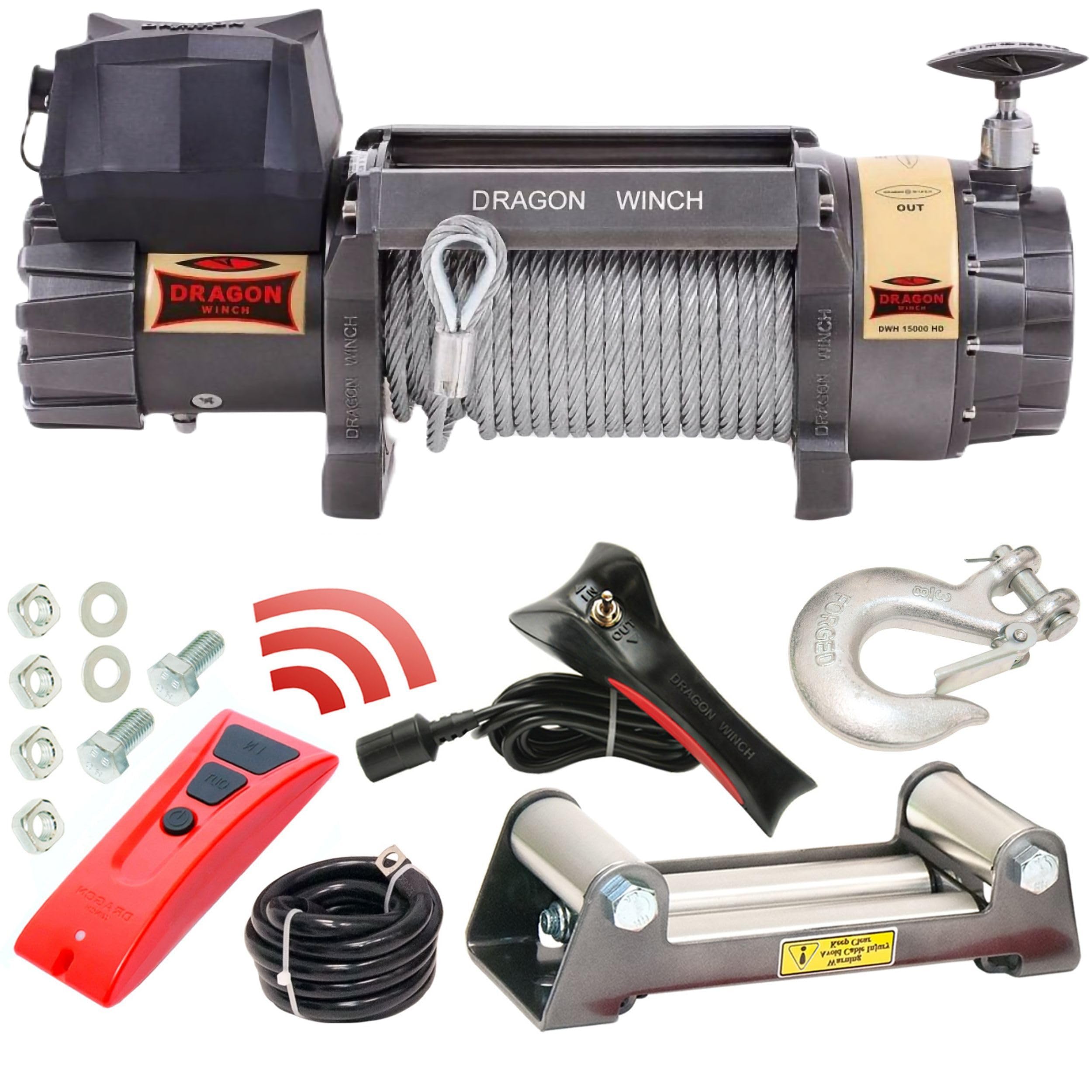 Dragon Winch Treuil électrique série Highlander 15000 lbs (6803 kg), 12V câble en acier 28m pour les véhicules tout-terrain, les SUV | treuil étanche | télécommande filaire et sans fil + accessoires