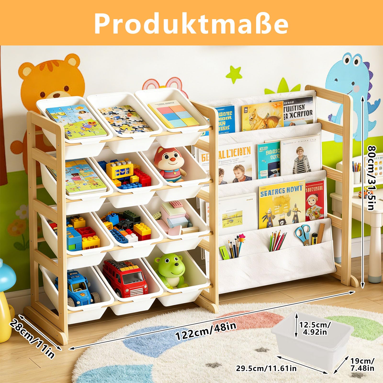 Spielzeug Organizer mit Bücherregal,Kinderregal aus Holz mit 12 Behältern | Spielzeug Aufbewahrung für Kinderzimmer,Einfache Montage,Aufbewahrungsbox für Schlafzimmer und Raumdekoration,122 x 28 x 80cm