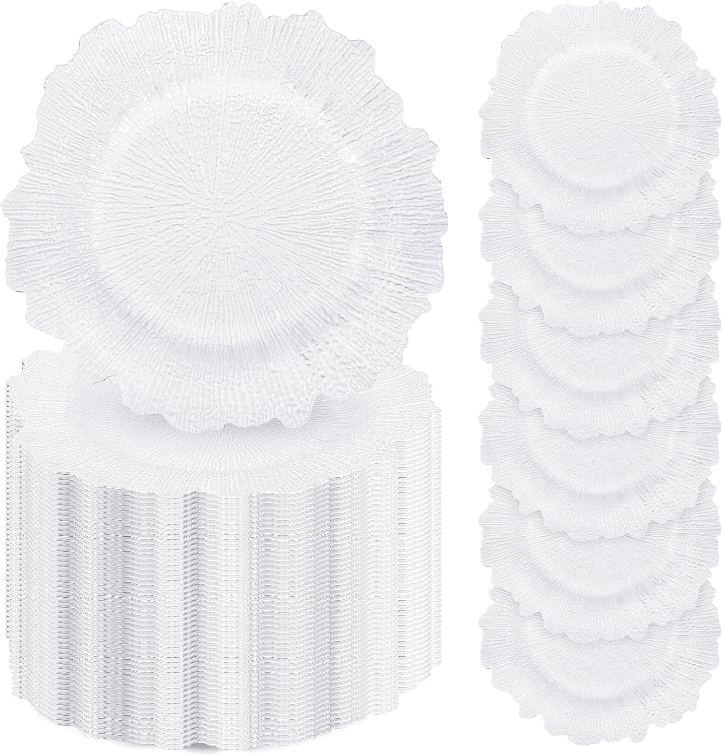 100 Pcs White Charger Plates Bulk, 13" Reef Dinner Plate, Plastic Floral Decorative Plates for Table Setting, Round Table Chargers for Wedding, Christmas, Party, Event, Decoration White 100 Pcs