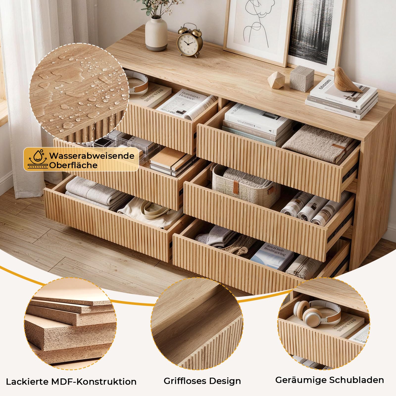 LEADZM Cassettiera Camera da Letto con 6 cassetti, Rovere