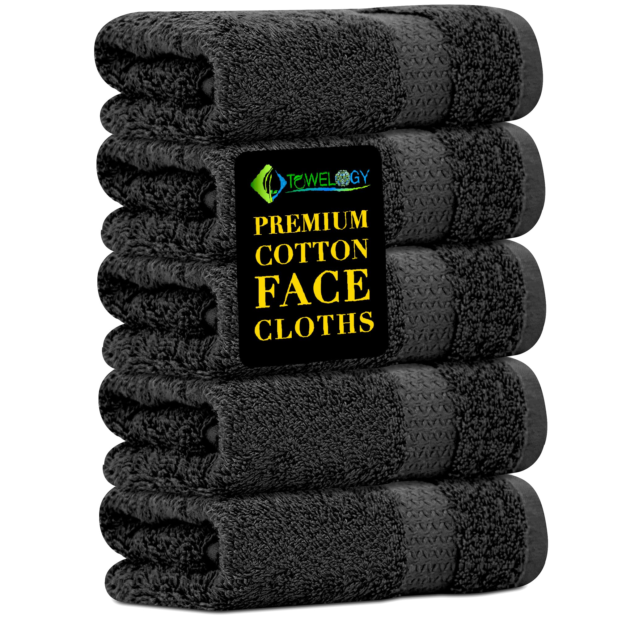 Towelogy Black Towelogy® Cotton Face Cloths - Super Soft, Ultra Absorbent & Non Abrasive Flannel Wash Cloths - Luxuriously Plush And Large 33X33cm Face Towels For Ultimate Luxury (, 33X33cm)