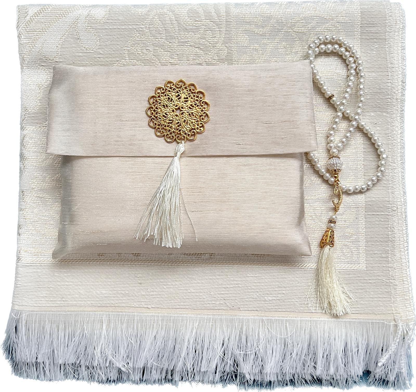 Decoret Muslim Prayer Rug and Beads with Elegant Slub Fabric Bag | Janamaz | Sajadah | Soft Islamic Prayer Rug | Islamic & Mawlid Gifts | Prayer Carpet Mat, Taffeta Fabric (Gold, 1 Sets)