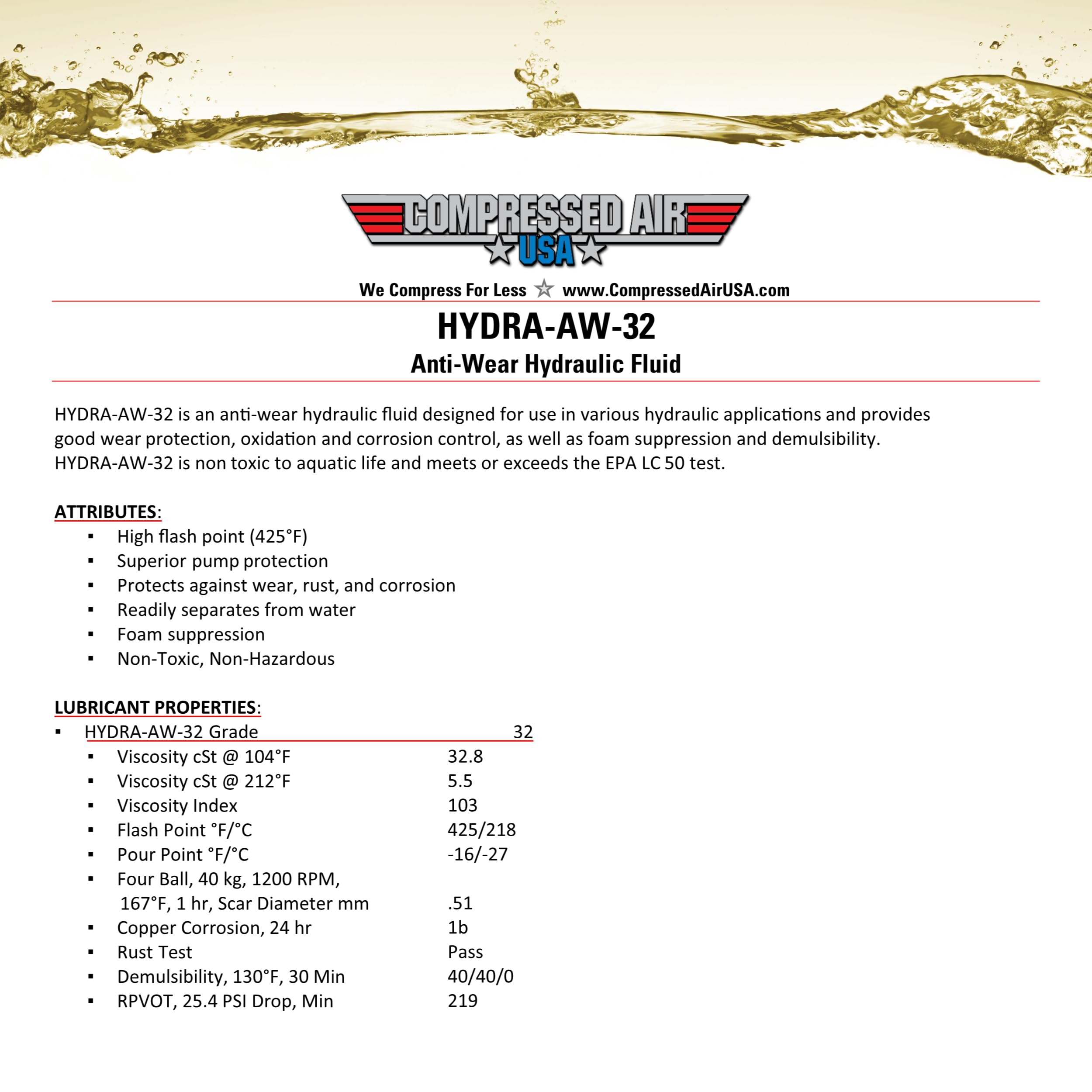 Anti-Wear 32 Hydraulic Fluid - AW32 - CompressedAirUSA - Extended Life Oils (5 Gallon), HYDRA-AW-32