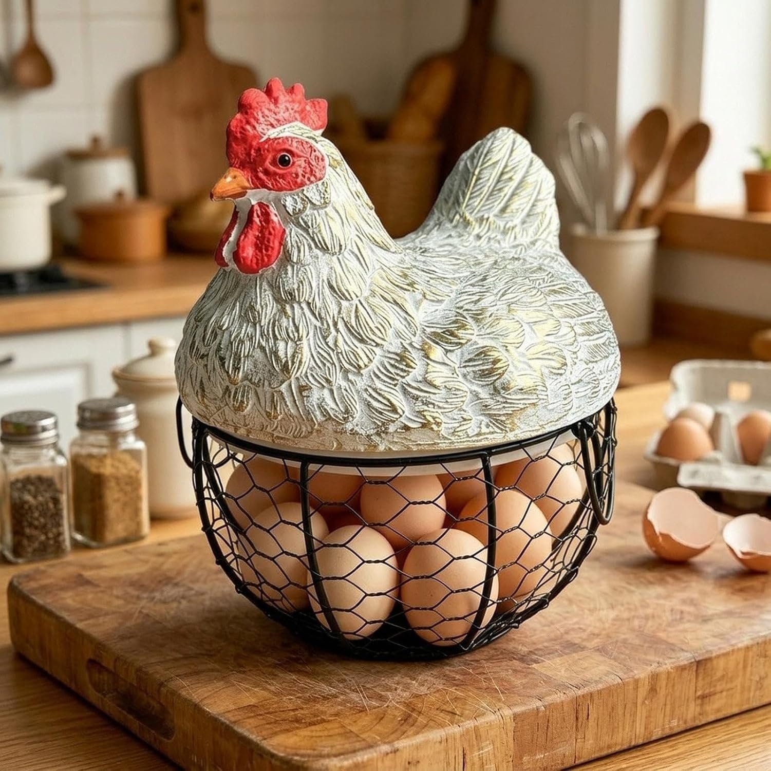 Contenitore per Uova con Cesto in Legno Rustico, capacità per Frutta e Verdura da Fattoria, White