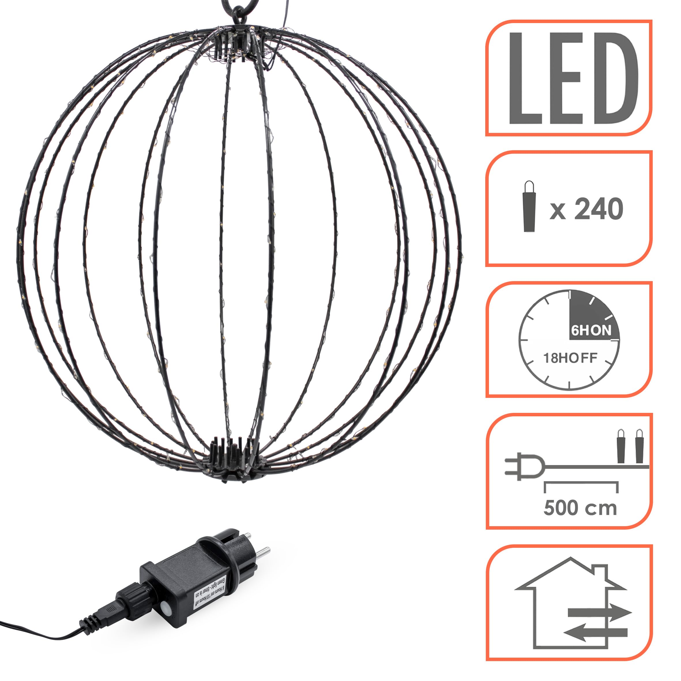 Leuchtkugel zum Hängen 40cm für Außen | 240 LED, Extra Warm Weiß, Mit Timer und Stecker, Kabelgebunden, Weihnachten Advent Deko