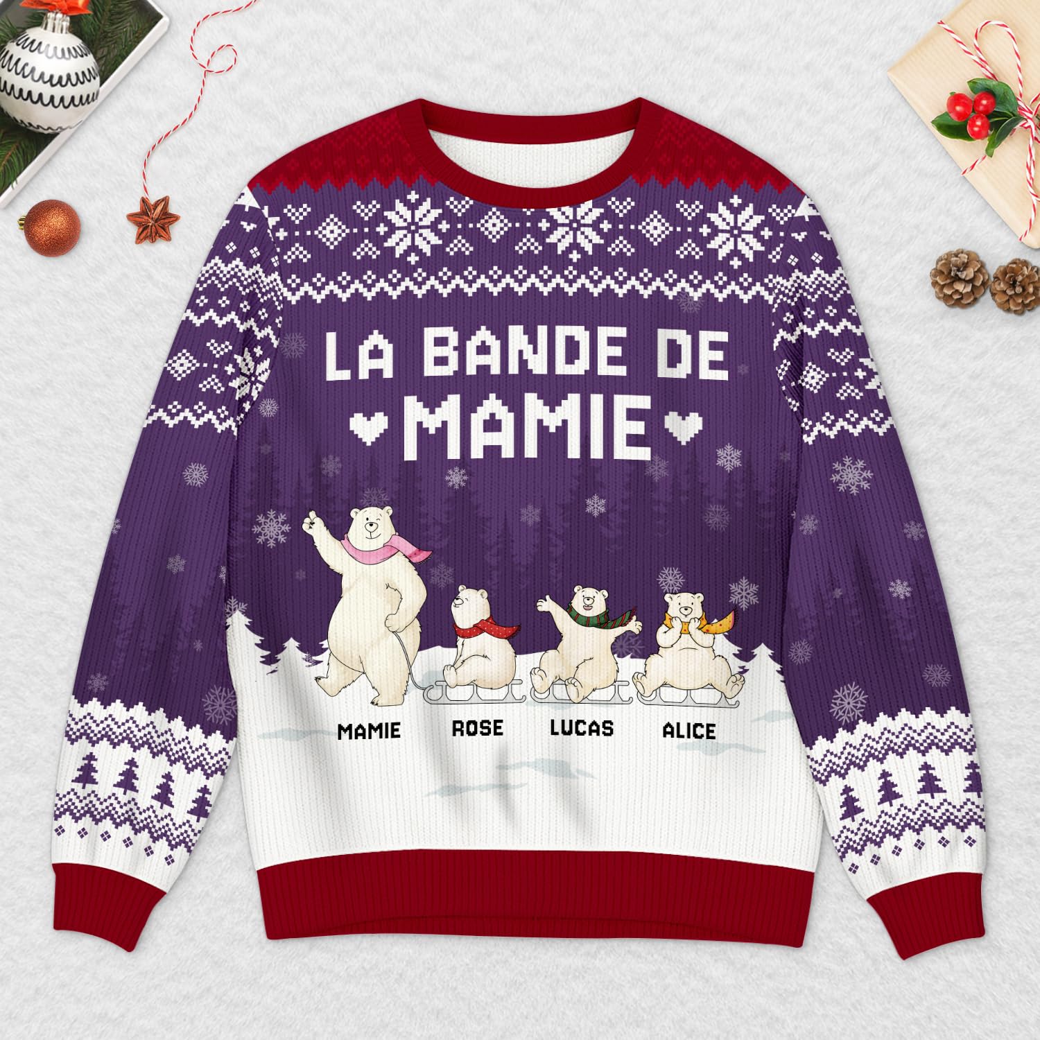Cadeau Plus Pull Moche Personnalisé Prénom - La Bande à Mamie, Papy Ours - Pull Noel Famille, Pulls Moche de Noel, Pull de Noel Homme, Sweat Personnalisable, Sweats Famille Assorti