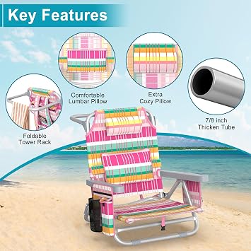 Suteck Beach Chair, Adjustable 5-Position Backpack Beach Chairs for Adults Kids, Foldable Lay Flat Chair with Cooler Bag, Cup Holder and Lumbar Pillow, Reclining Lay Down Chairs (Rainbow Pink)