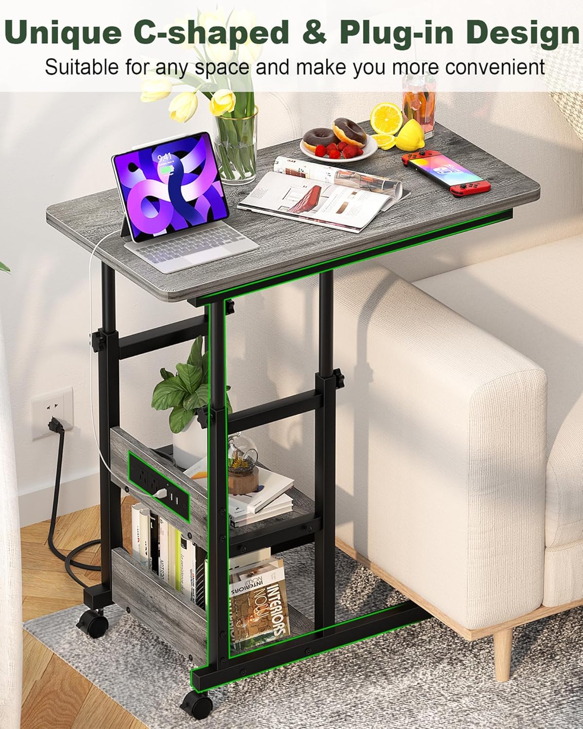 C Shaped End Table Height Adjustable - Couch Side Table with Charging Station, TV Tray with Wheels Slide Under Sofa for Wall Shelf with Hooks for Bedroom, Bathroom, Living Room, Grey