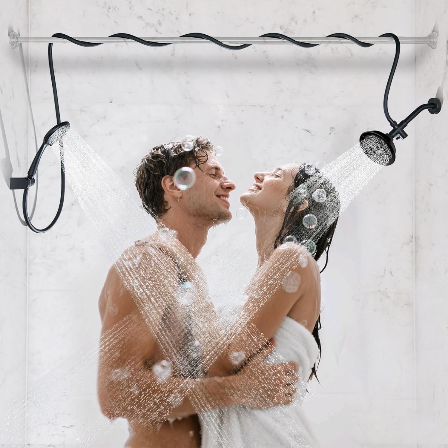 Dual Shower Head, Double Shower Heads for Two People 5 Mode Tandem Shower Head for Couples with 3 Meters Shower Hose, Matte Black