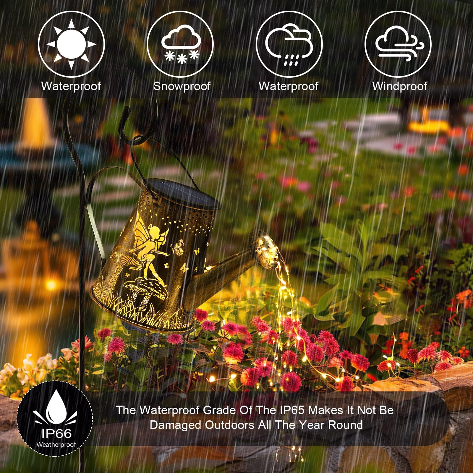 Lampe Solaire Extérieure En Forme D'arrosoir Avec Guirlandes - Métal, LED Blanc Chaud, étanche IP65 | Décoration De Jardin, Patio
