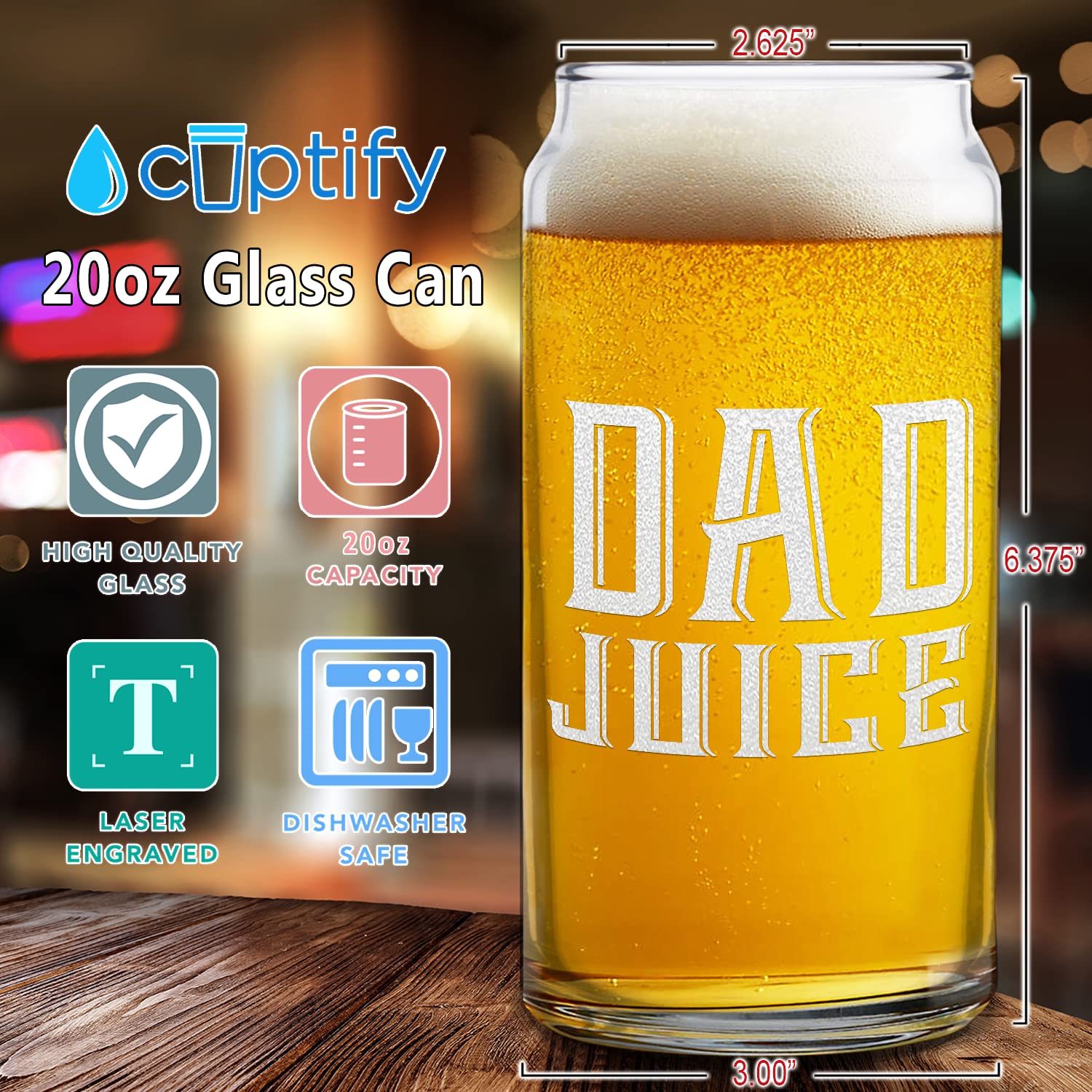 Cuptify Dad Juice Etched 20 oz Engraved Beer Can Glass Birthday Gift for Men, Fathers Day, Dad, Husband, Grandpa or Best Friend