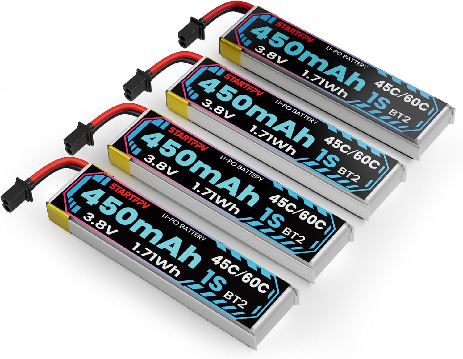 4PCS 1S LiPo Battery 450mAh 3.8V 45C/60C with BT2.0 Connector for R8 /Mobula 7/Meteor 75/Cetus Pro FPV Tiny Whoop Racing Drone RC Quadcopters