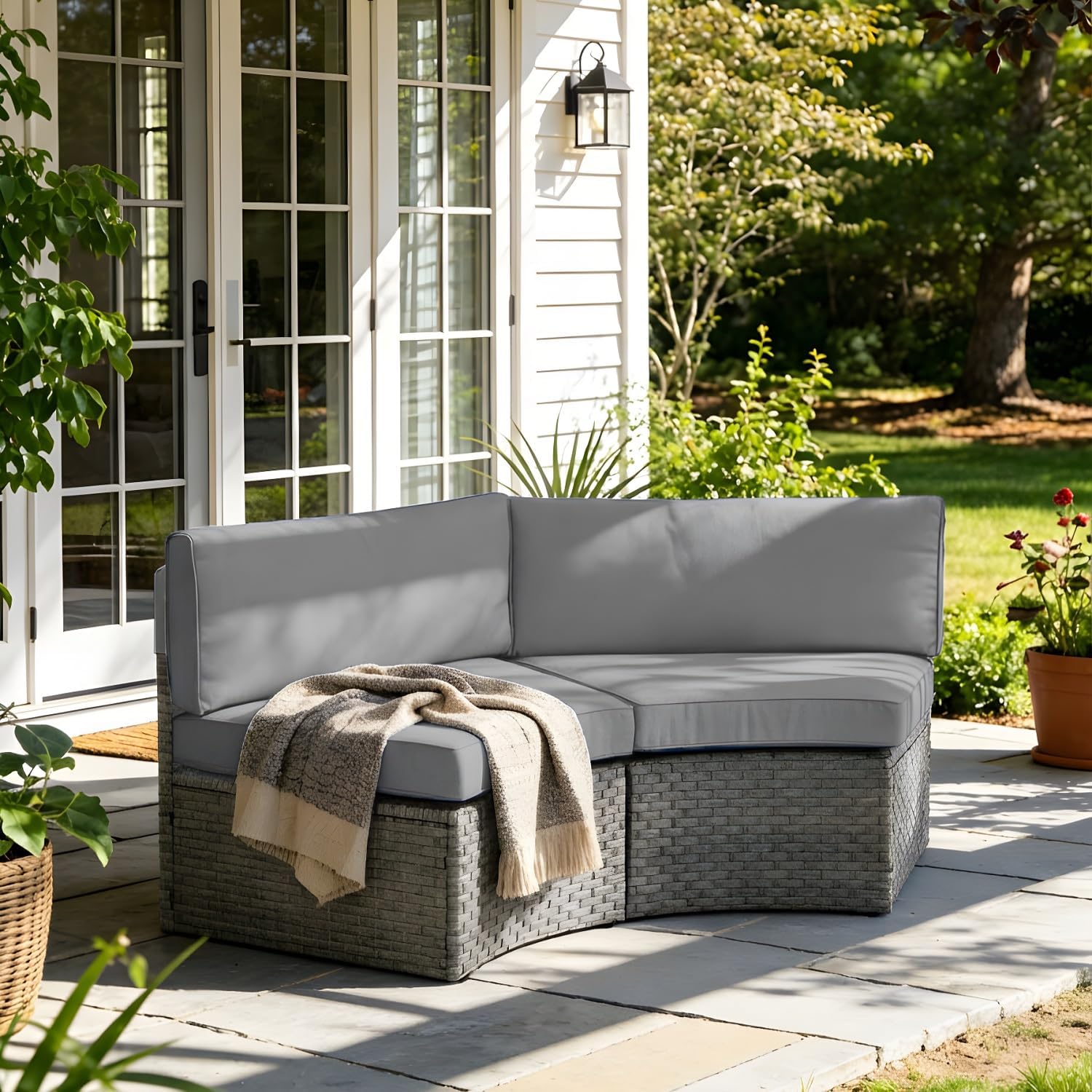 SUNSITT Outdoor 2-Piece Half-Moon Patio Furniture Curved Outdoor Sofa Wicker Sectional Set with Grey Cushions | Wicker, Sectional, Grey Cushions
