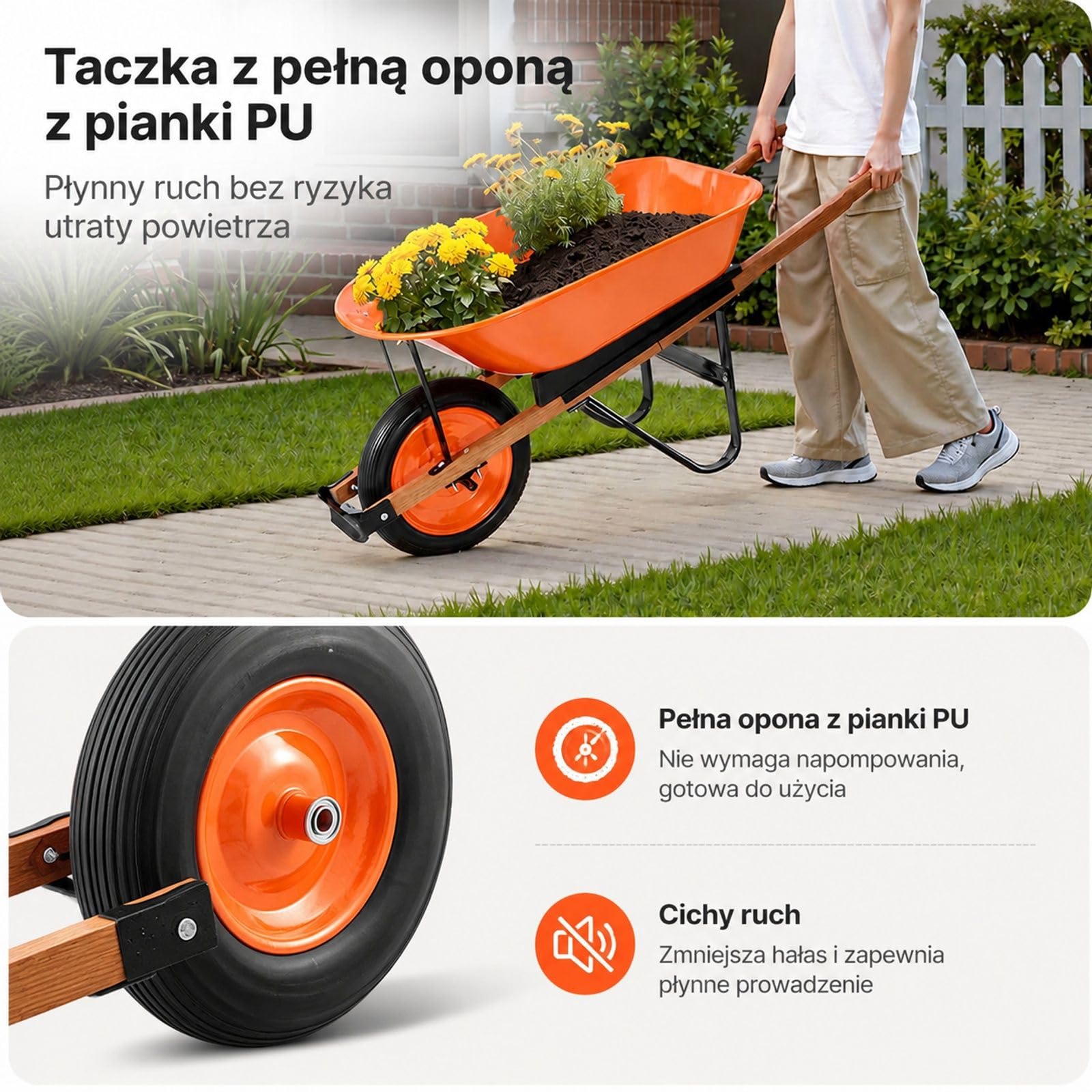 Pomarańczowo czarna taczka ogrodowa jednokołowa z żelaza i PU do ogrodu trawnika i gospodarstwa