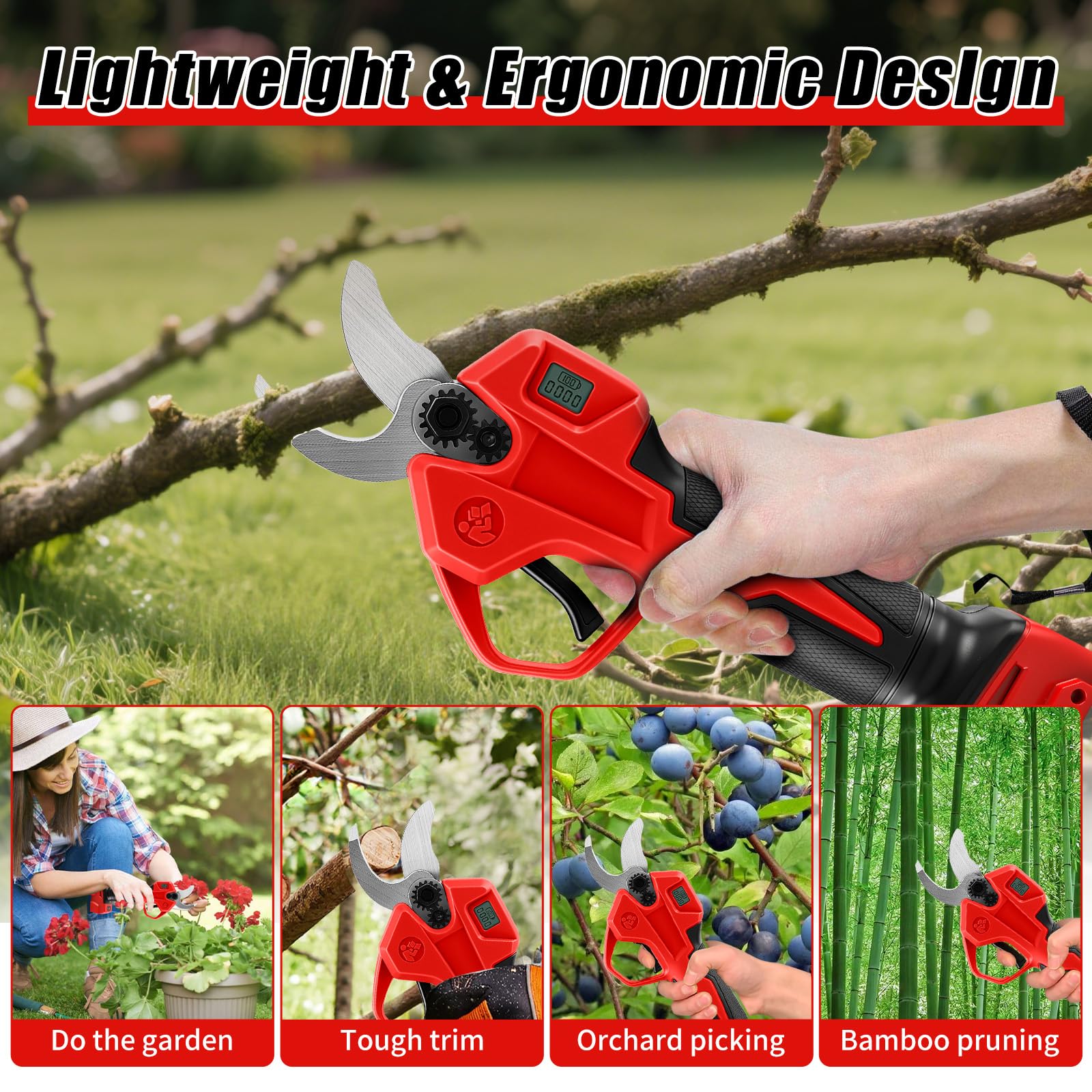 Tijeras de podar con batería, compatible con batería Milwaukee M 18 V (sin batería), tijeras de podar sin escobillas con 2 velocidades, pantalla digital, diámetro de corte de 30 mm, cuchillas de