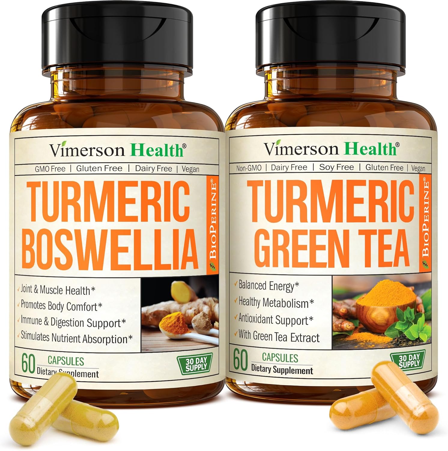 Boswellia Turmeric Curcumin Supplement + Turmeric Green Tea Bundle – Supports Joint Health, Energy & Inflammation Balance – with Ginger Root, Tumeric Powder, Green Tea Extract (ECGC) & Vitamin C