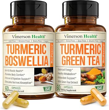 Boswellia Turmeric Curcumin Supplement + Turmeric Green Tea Bundle Supports Joint Health, Energy & Inflammation Balance with Ginger Root, Tumeric Powder, Green Tea Extract ECGC & Vitamin C