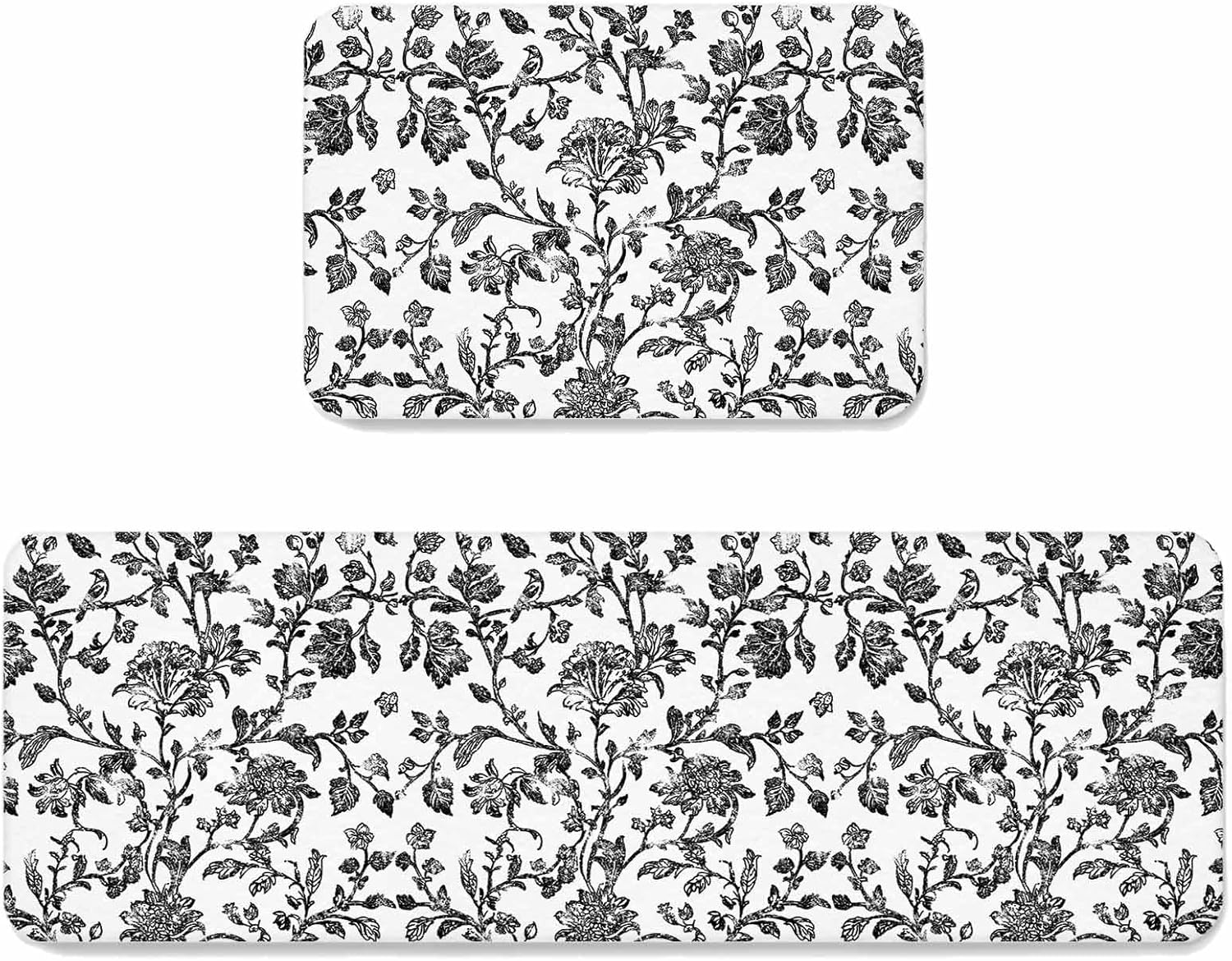 Prime Leader Vintage Black Floral Kitchen Mat Set 2 Pieces Farmhouse Flower Pastoral Style Non Slip Kitchen Rugs Washable Runner Rug Mats for Sink Laundry (15.7" x 23.6"+15.7" x 47.2")