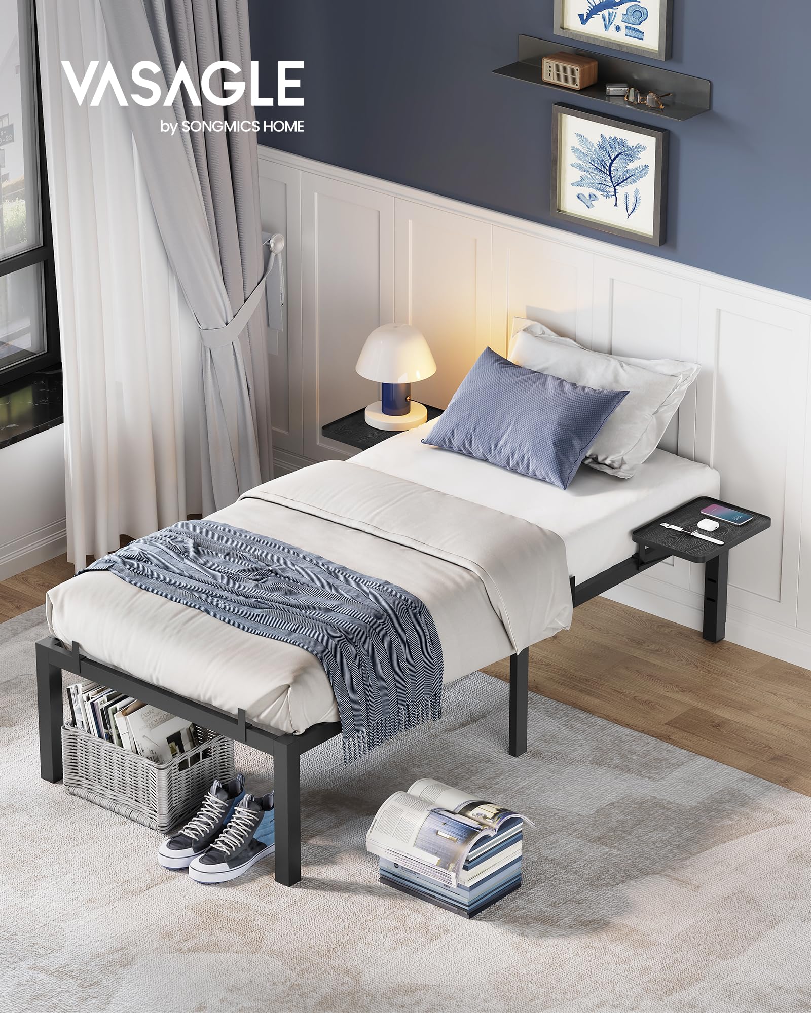 VASAGLE Struttura Letto Singolo, Telaio Letto in Metallo con Ripiani Portaoggetti, per Materassi da 90 x 190 cm, Montaggio Facile, Nero Inchiostro RMB091B01