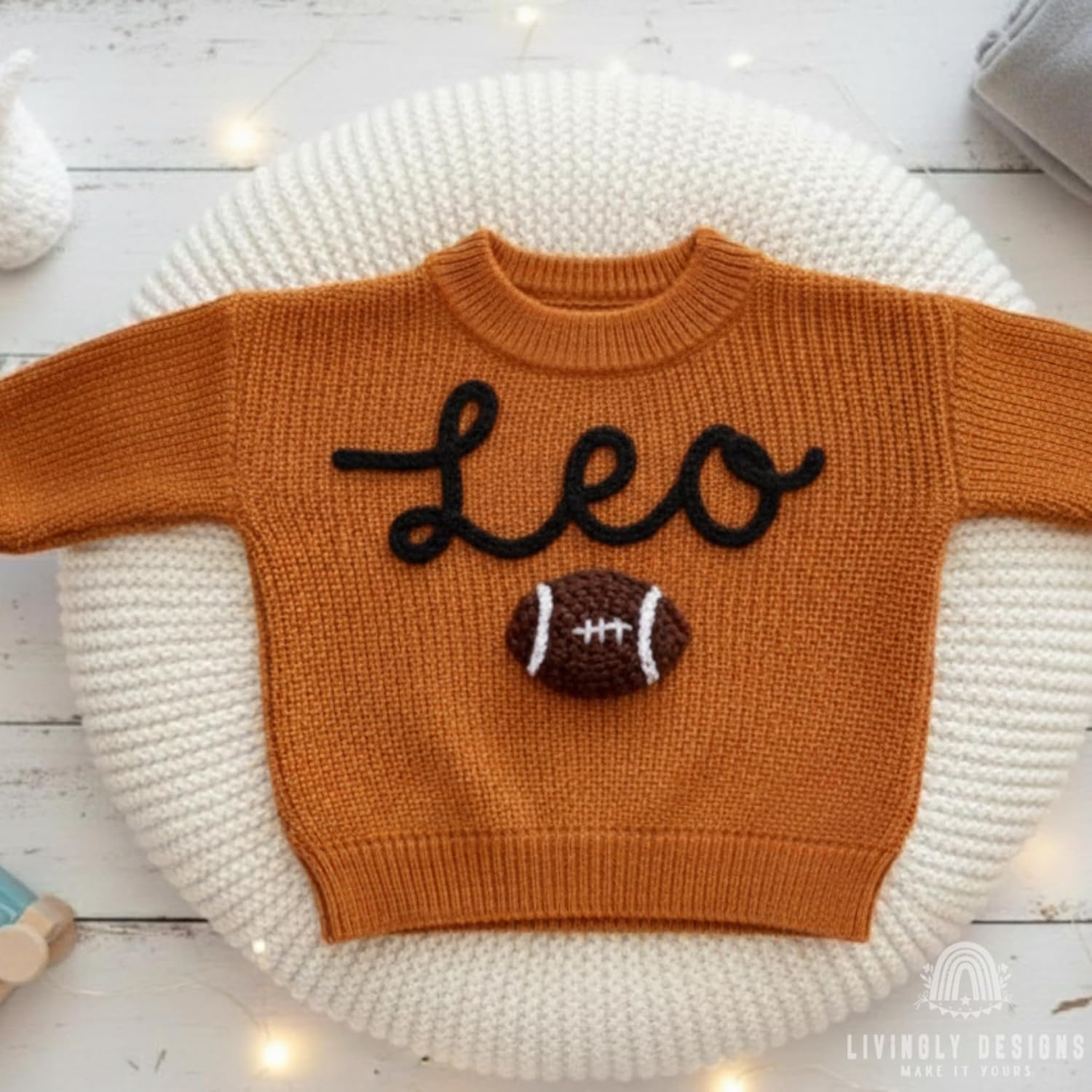 Custom Football & Name Sweater, Personalized Embroidery, Toddler Sports Fan Knit Jumper, Multiple Colors