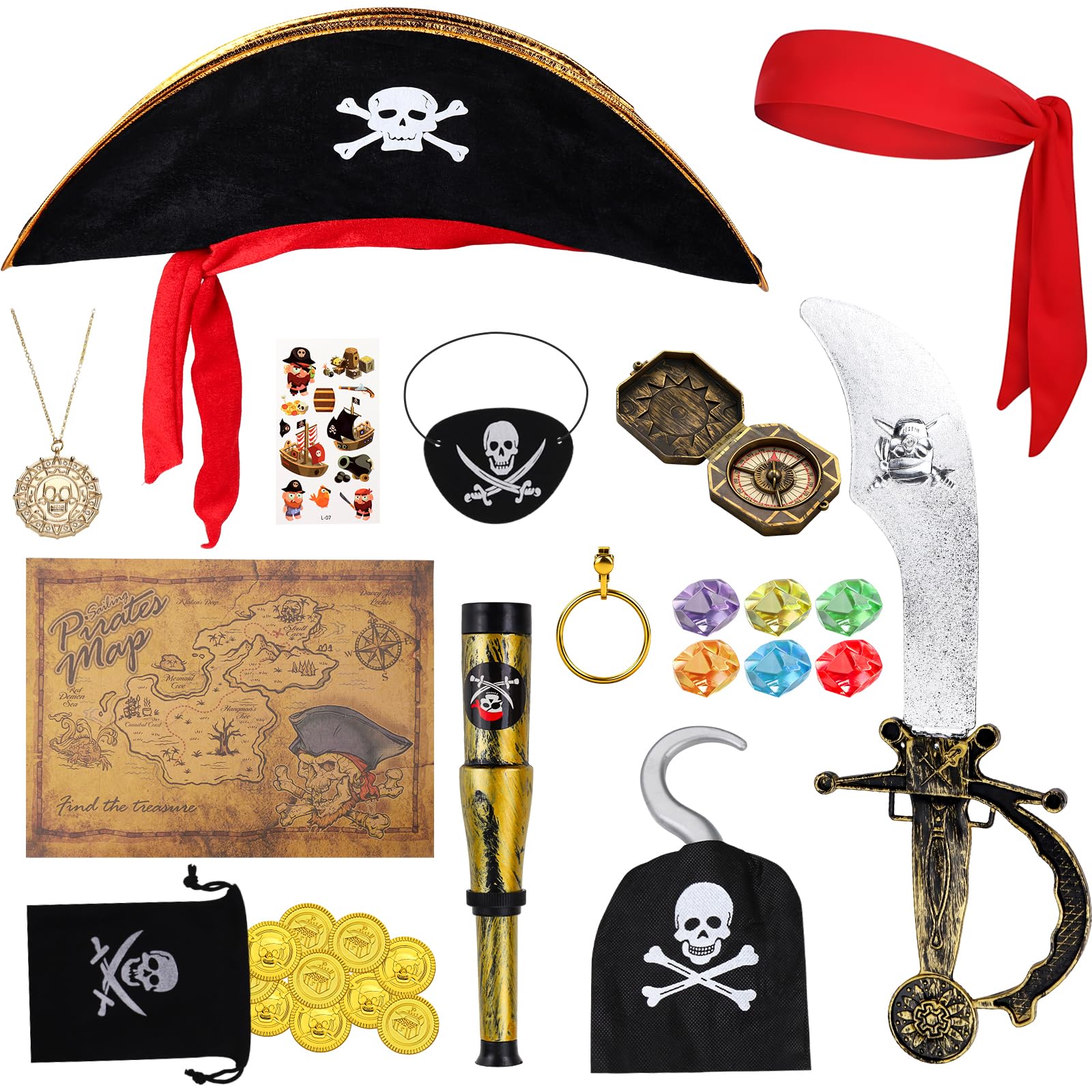 gyoyede 14Pcs Pirate Costume Kids,Pirate Accessories World Book Day Costumes for Kids 2026, Pirate Hat, Captain Hook