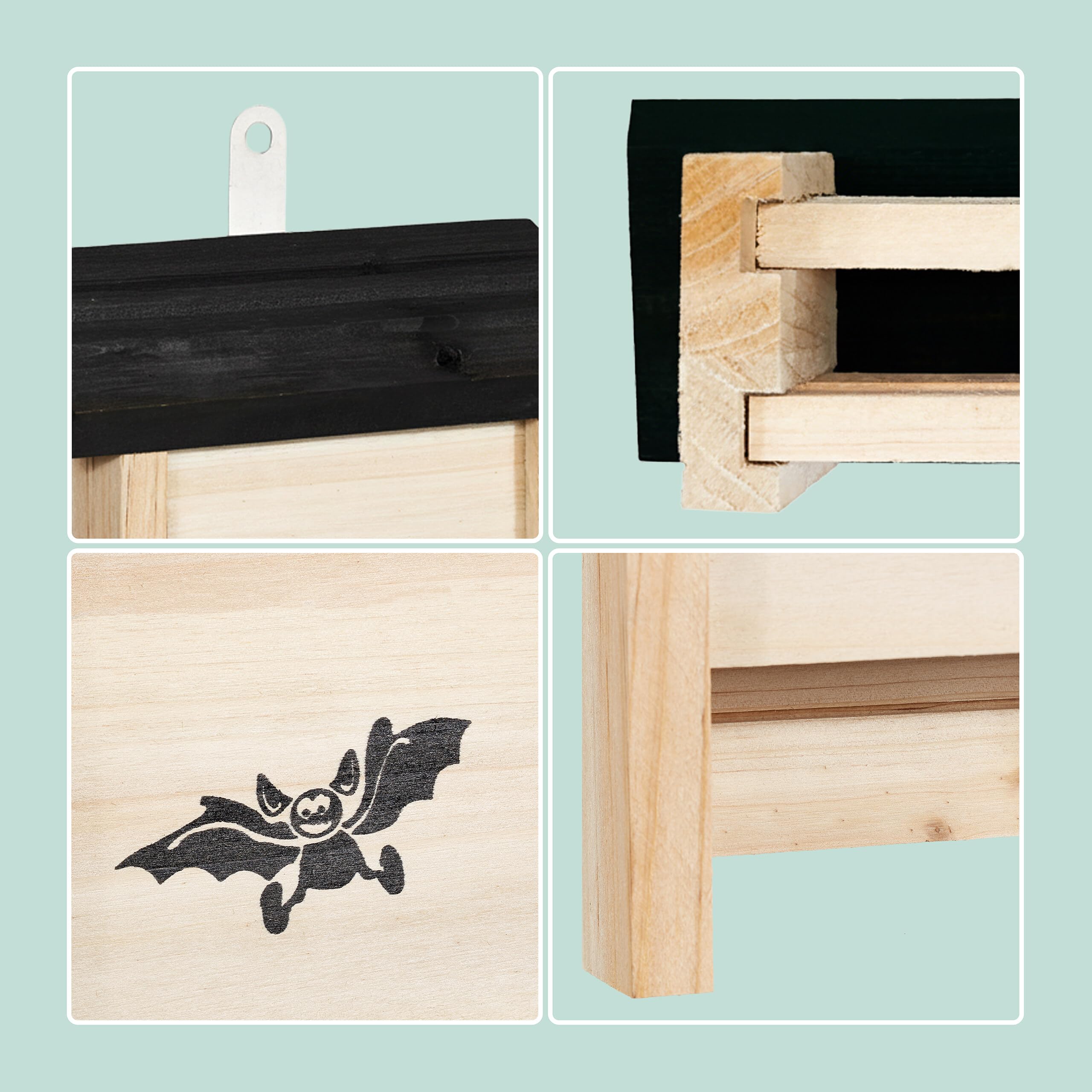 Relaxdays Fledermauskasten, 4er Set, Unterschlupf für Fledermäuse, unbehandeltes Holz, HBT 25 x 18 x 6 cm, Natur/schwarz