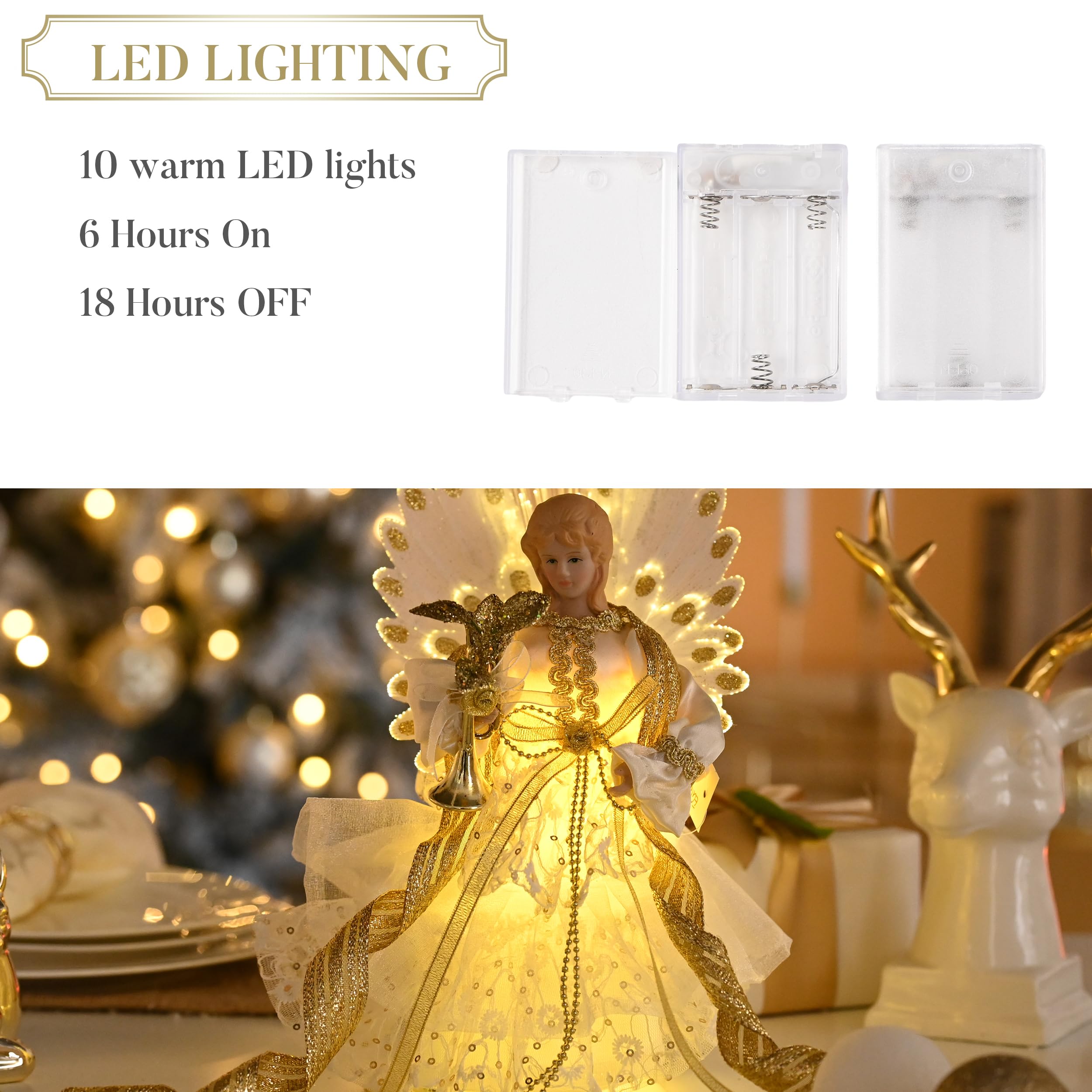 Valery Madelyn 26cm Weihnachtsengel Weihnachtsbaumspitze Weihnahctdekorationen Engel Christbaumspitze mit 10 batteriebetrieben warmen LED-Lichtern Weiß Golde（M）
