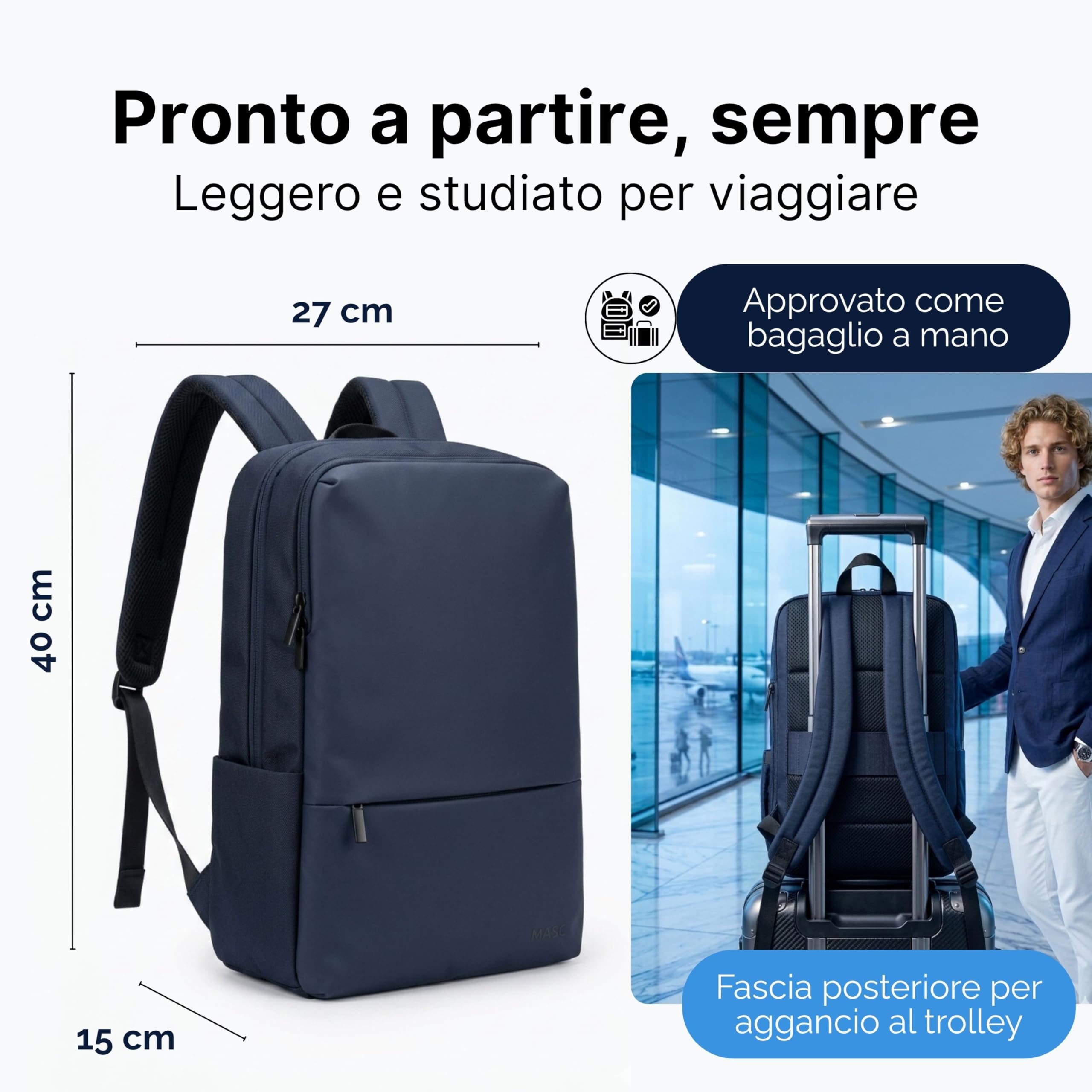 MASC Zaino Porta PC da Lavoro, Ideale per l’Ufficio è uno Zaino Elegante Business, Impermeabile e Professionale