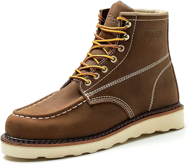 ACDSAF Work Boots for Men - 6 Inch Wedge Soft Toe Mens Work Boots, Waterproof Construction Work Shoes