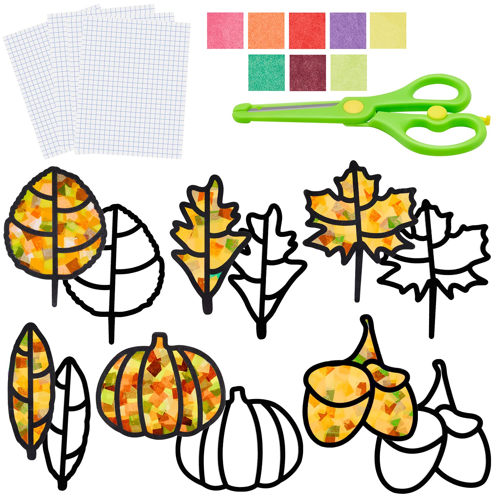 12 Pieces Thanksgiving Fall Leaf Craft Suncatchers kit for Kids Tissue Arts Autumn Leaves Suncatchers 800 Tissue Paper Squares 12 PVC Contact Paper with Children Safety Scissor for Kid DIY Craft