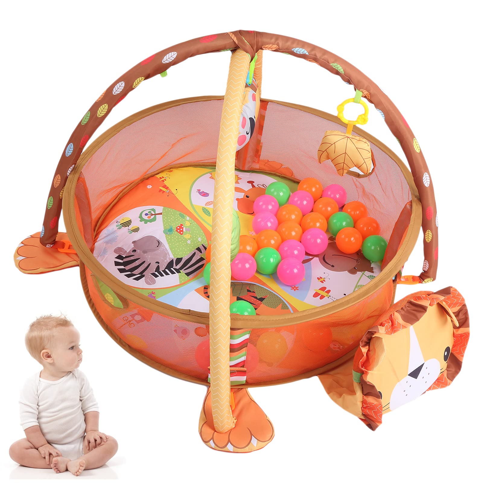 3-in-1-Baby-Spielmatte, Fitnessrahmen mit Sensorischem Spielzeug für Säuglinge und Kleinkinder, 95 X 70 X 50 cm, Stoffmaterial (Löwin)