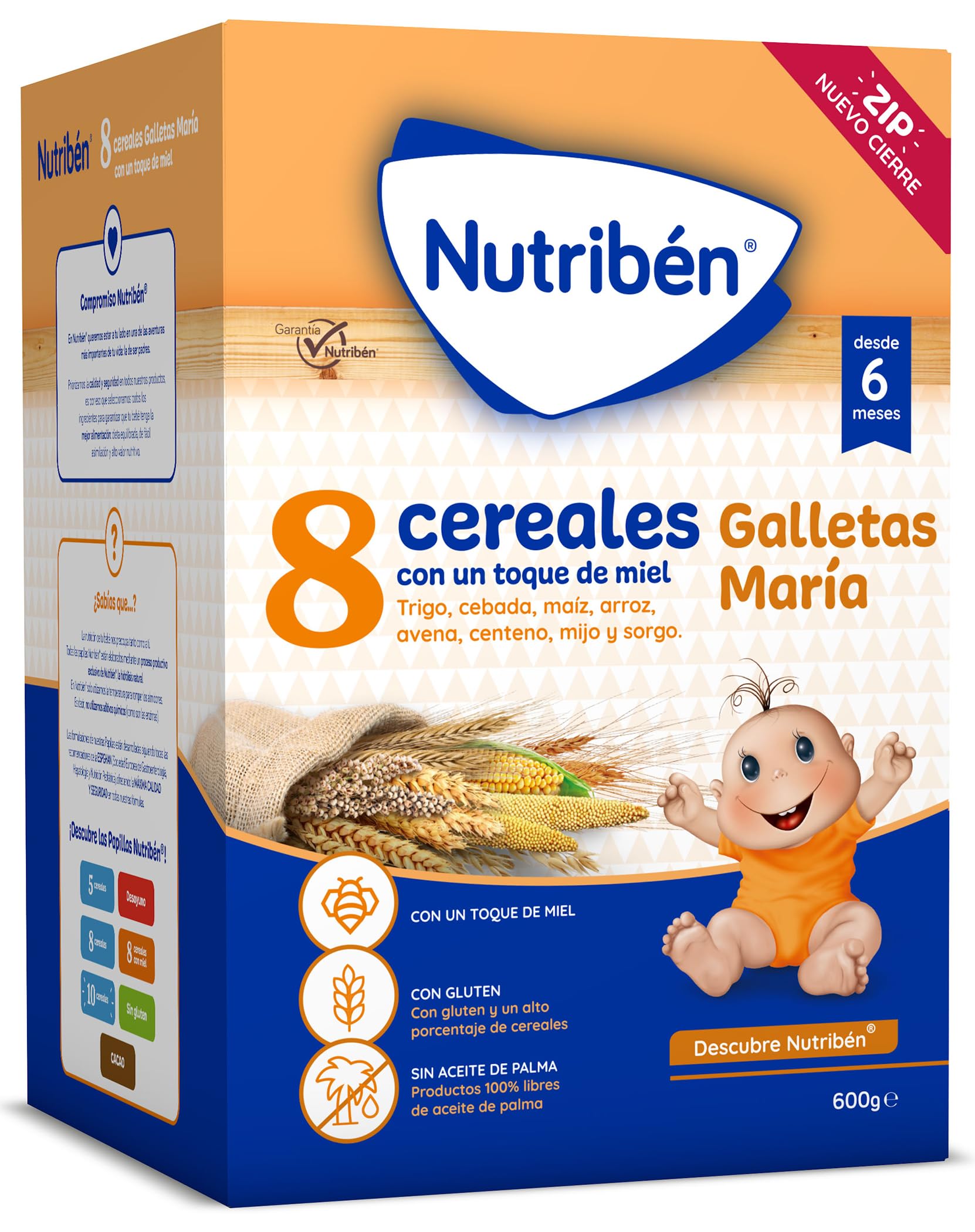 Nutriben Papillas Variadas (8 Cereales, 8 Cereales Galleta María, 8 Cereales Miel Galleta María + 10 Cereales), 3600g, Alimento para Bebés a partir de 6 meses. Sin aceite de palma, Pack de 6 x 600g