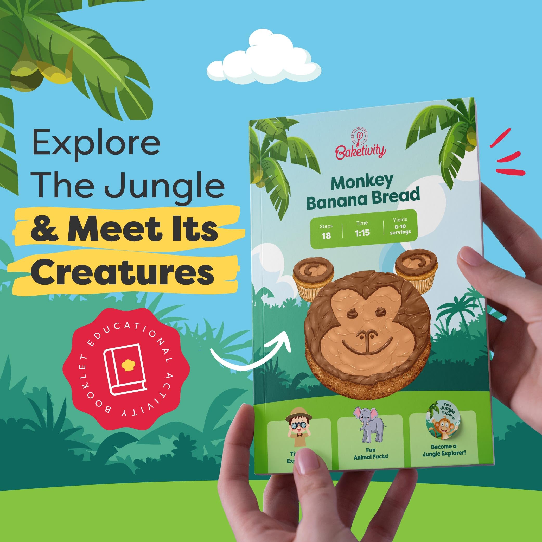 BAKETIVITY Monkey Banana Bread - Juego de hornear para niños con ingredientes previamente molidos, regalo familiar perfecto para los amantes de la cocina