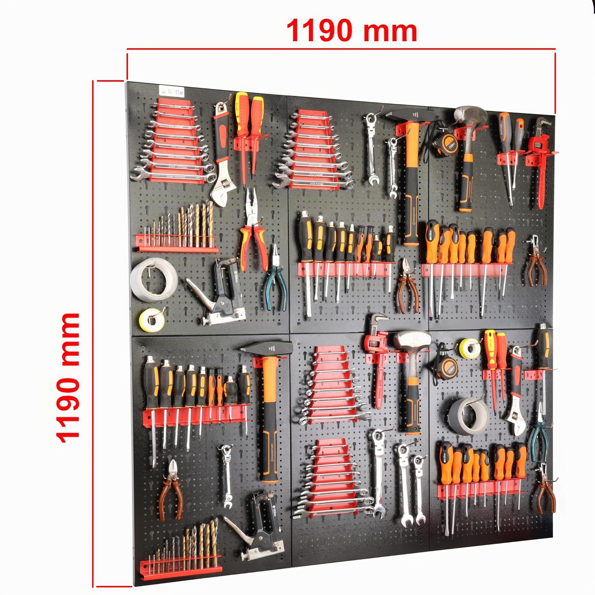 botle® Werkzeugwand Lochwand aus Metall 120 x 120 cm, Wandregal + Werkzeughalter 50-tlg Set, Kleinteilelager, Wandwerkstatt Hängeregal Sortierregal Schüttenregal Steckregal