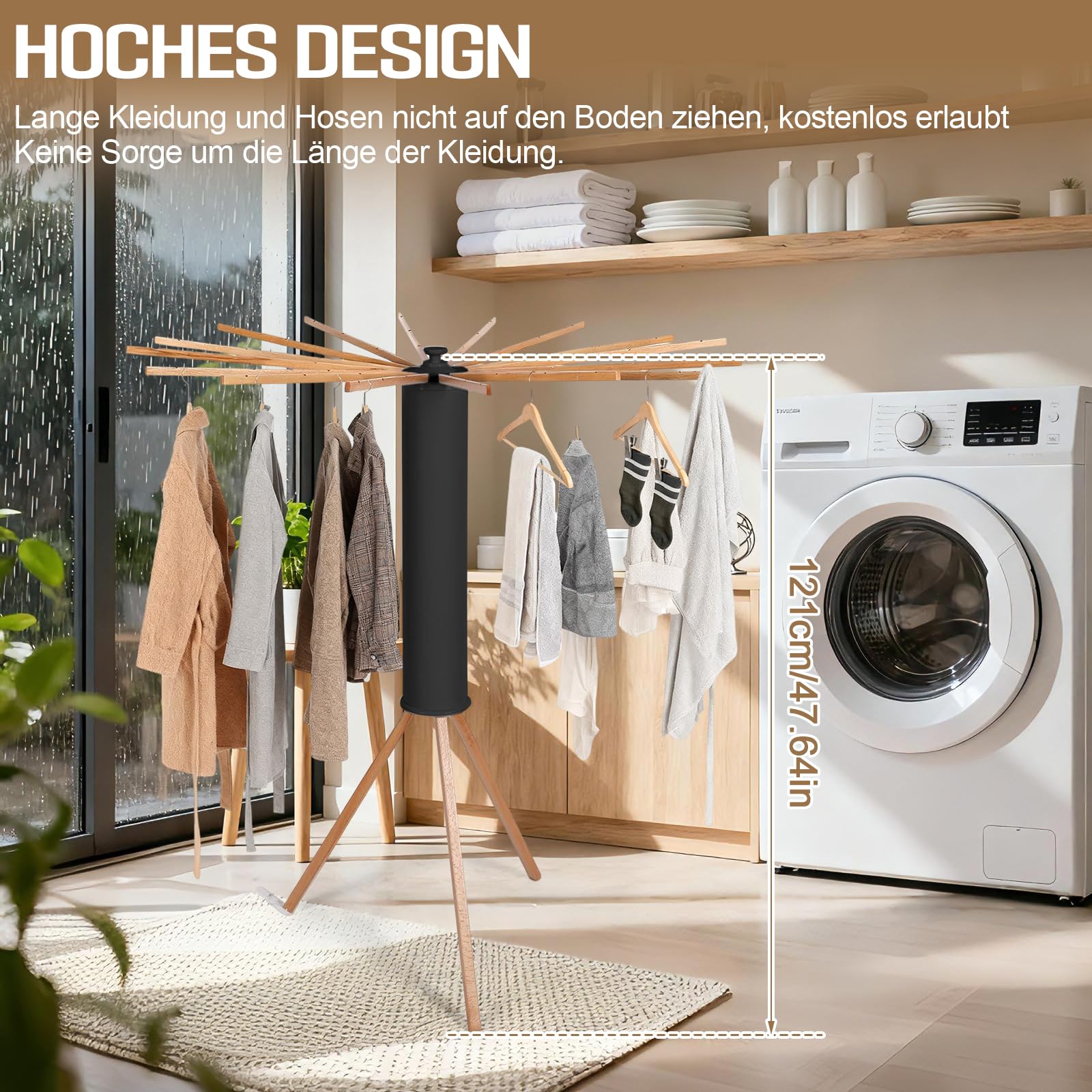 Séchoir à linge pliable peu encombrant avec 16 bras en bois et 48 emplacements suspendus, support de séchage moderne pieuvre, trépied portable pour balcon, intérieur, buanderie (noir)