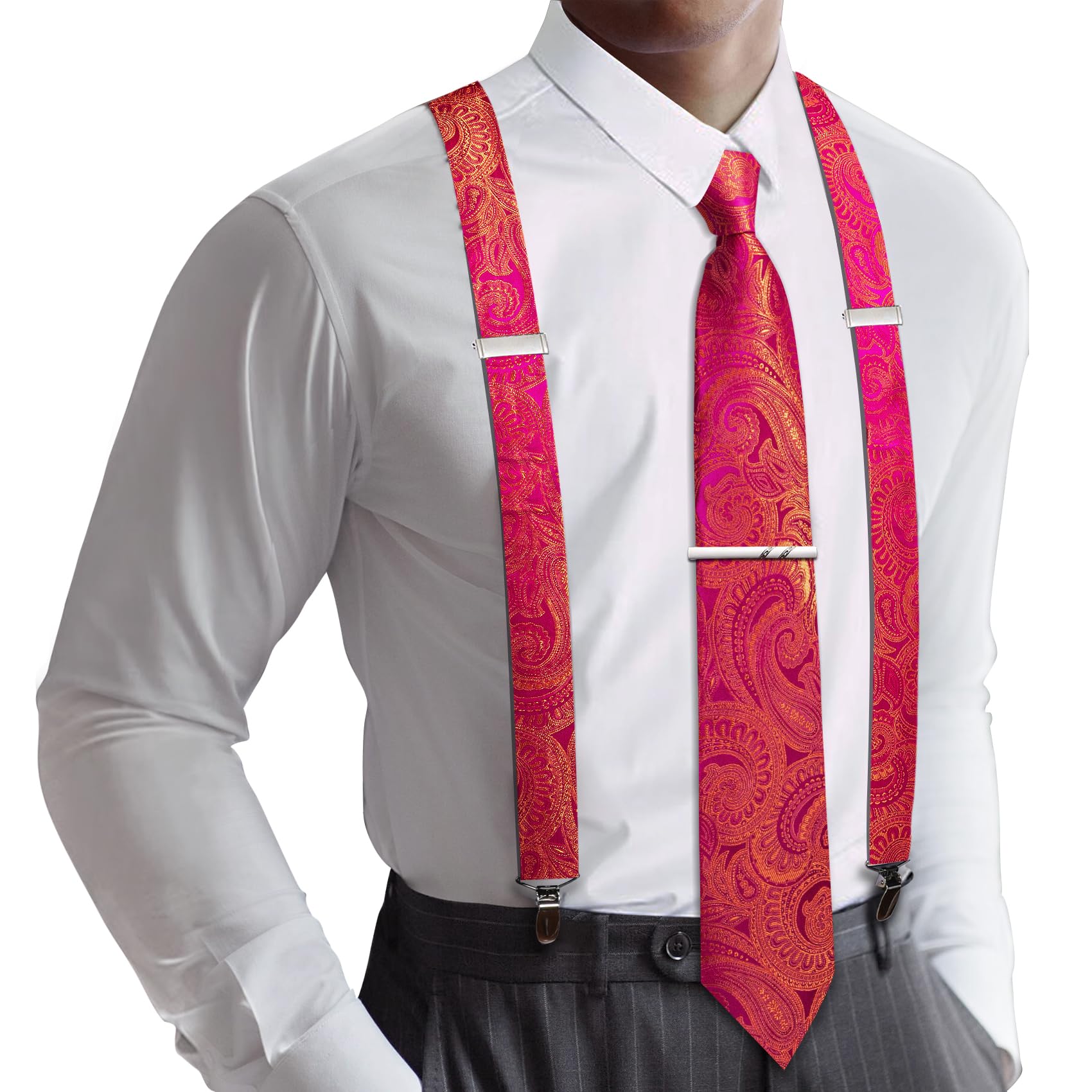 Barry.Wang Men Suspender Tie Sets Elastic Heavy 6 Clips Hanky Cufflink 5PCS | Classic Suspender Set for Man Necktie Y Type Adjustable Heavy Duty 6 Clips Braces Pocket Square Cufflinks Party