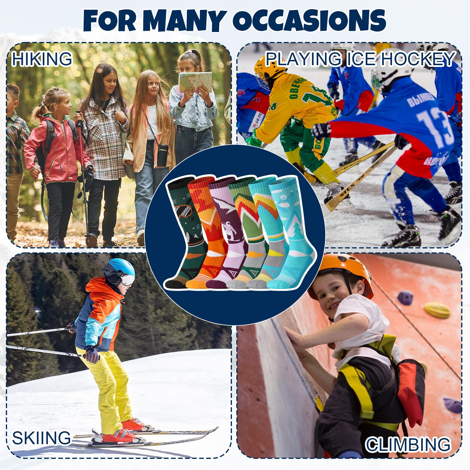 Lot de 6 paires de chaussettes de ski thermiques épaisses en laine mérinos pour garçons et filles - Chaussettes d'hiver pour le ski, le snowboard, la randonnée, les enfants de 8 à 12 ans