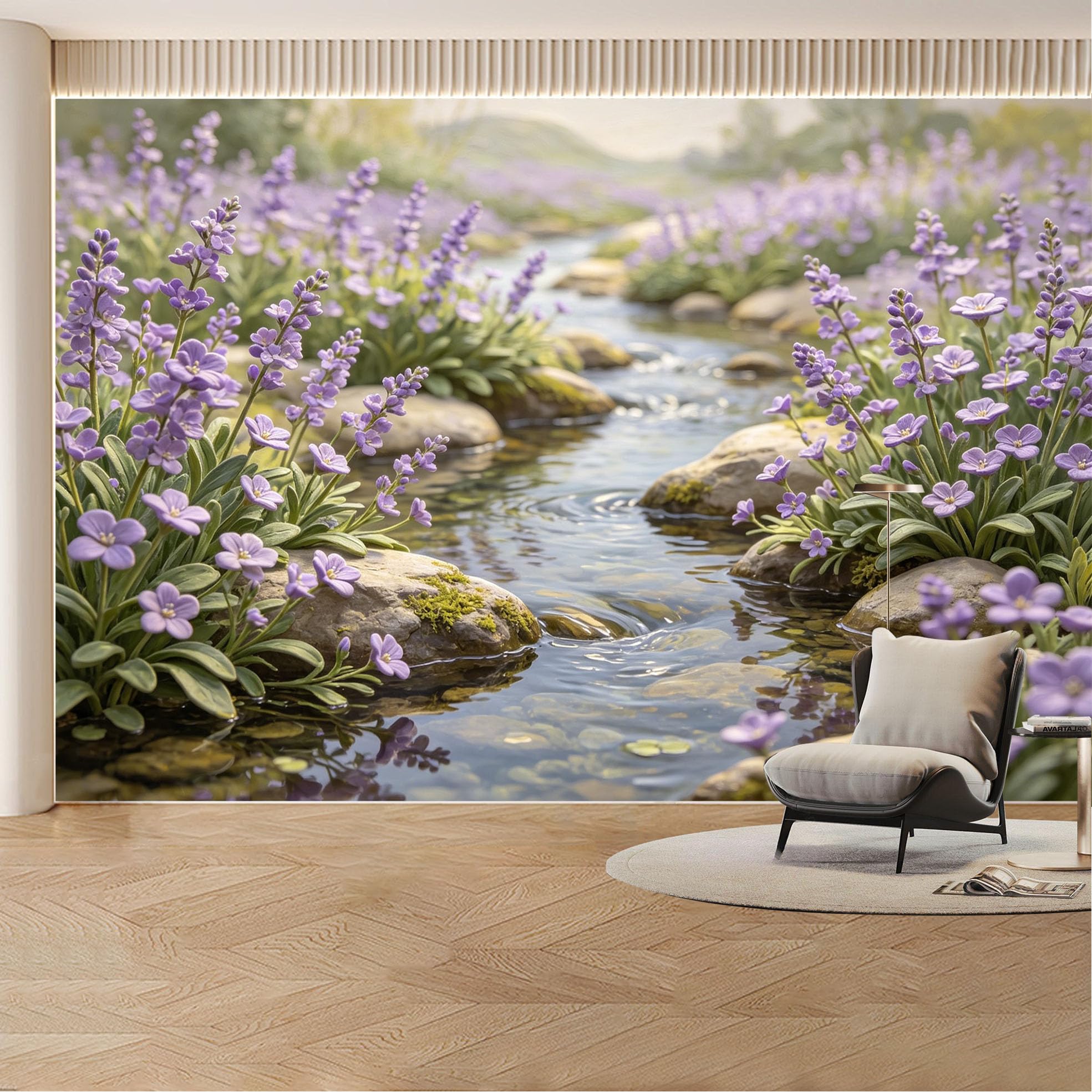 Custom Wall Mural Wallpaper Lavender Stream Landscape， Nature， 3D Effect， Wall Decor， Peaceful， Misty Removable SelfAdhesive Large Photo for Living Room， Bedroom， Office
