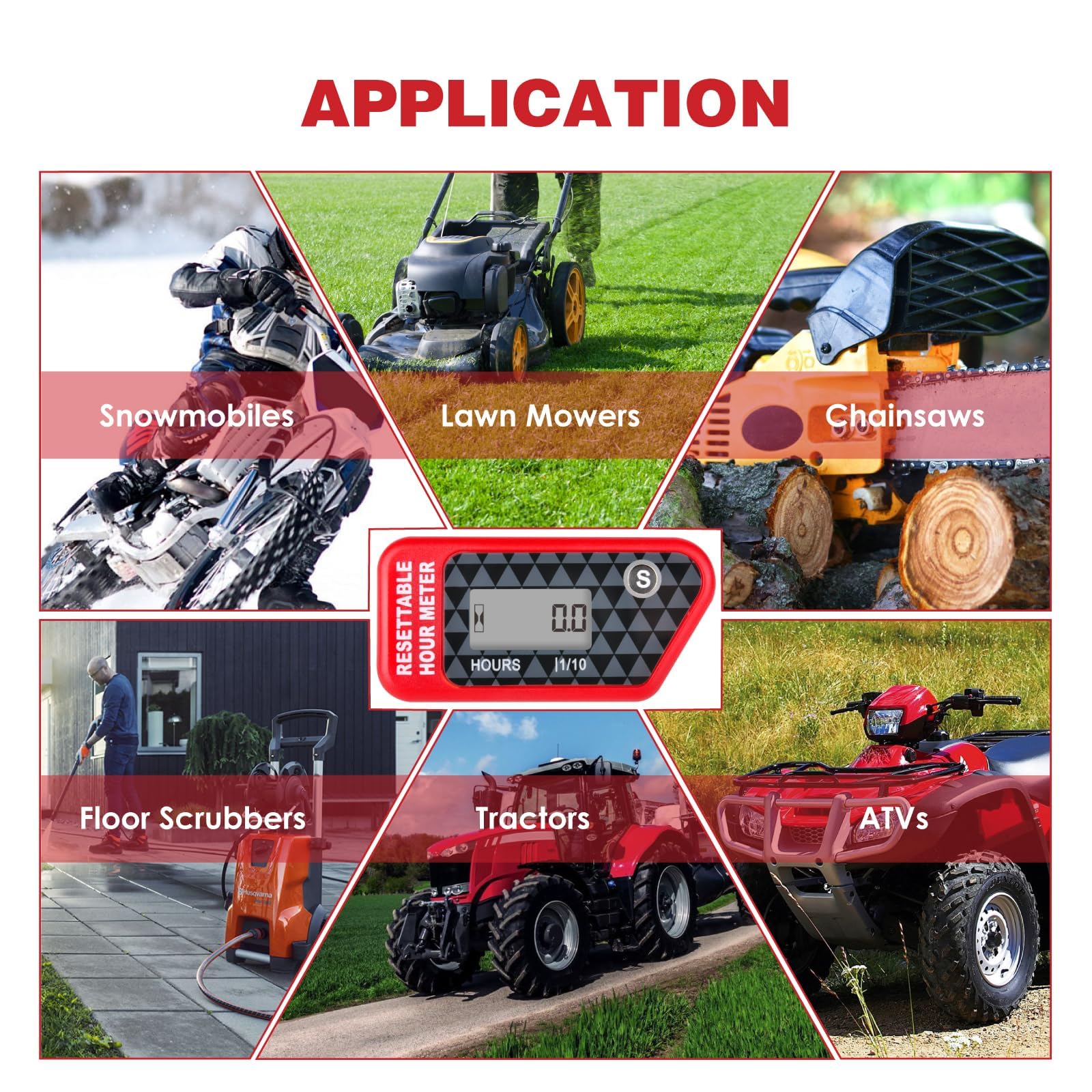 RQ-HM016H Medidor de horas, función de recordatorio de mantenimiento, almacenamiento de datos, motosierra de cortacésped, motocross, motocicleta, lavadora de alta presión marina (ROJO)