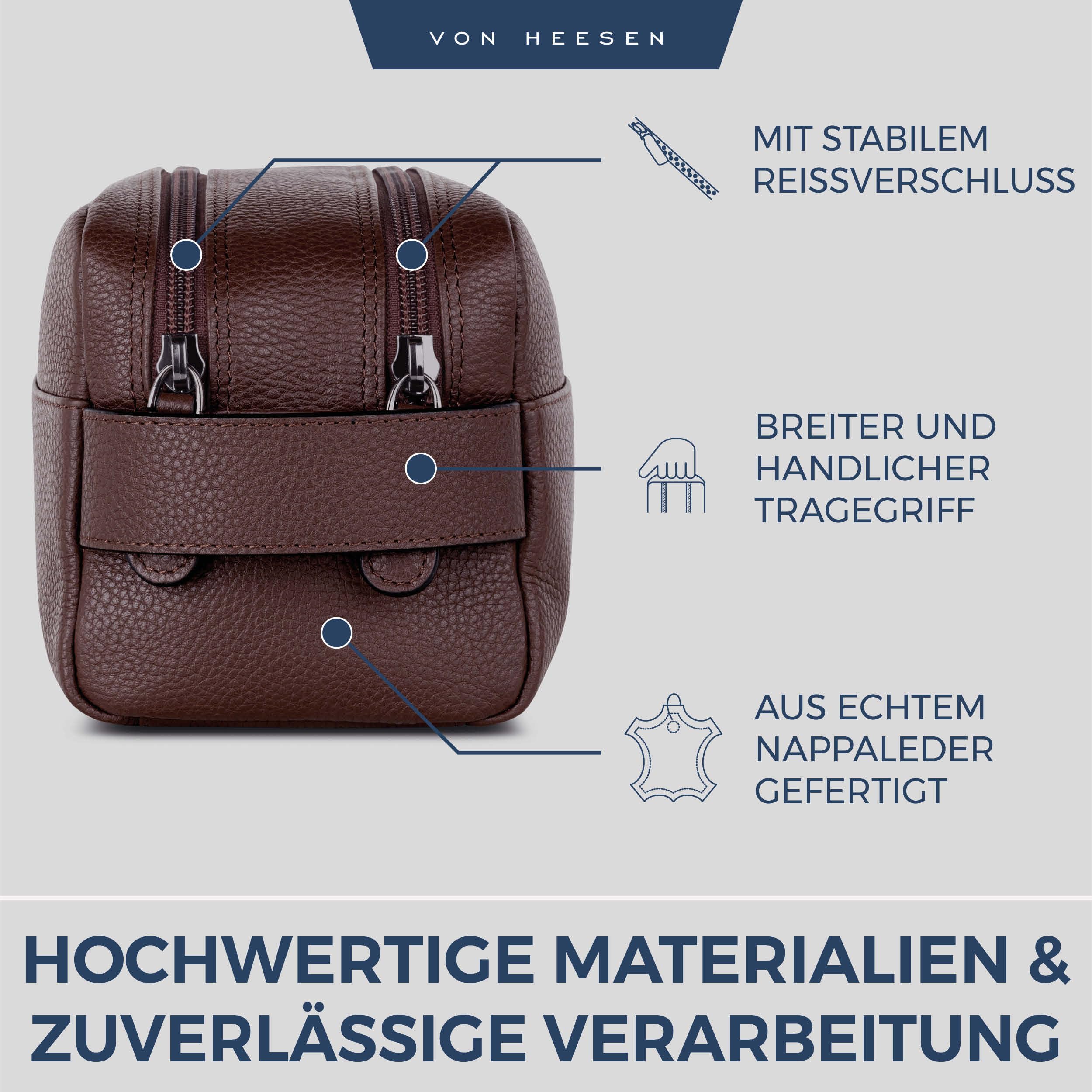 VON HEESEN Kulturbeutel Leder Kulturtasche für Herren & Damen - Echtleder Necessaire ideal zum Reisen - Waschtasche und Kosmetiktasche mit Zwei Hauptfächern braun, groß