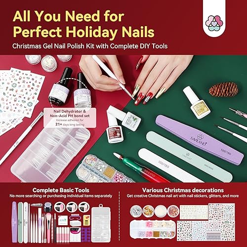 Miniatura 6 de Saviland Kit de esmalte de uñas de gel de 82 piezas con luz UV de 220 W 20 esmaltes de gel de color de Navidad de 20000 RPM para taladrar uñas,