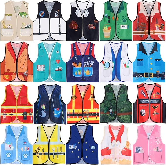 Haysandy 20 PCS Kids Dress Up Vest Community Helper Costumes Kids Role Play Career Cosplay Clothes for Toddlers Pretend and Play Halloween Costume Doctor Police Fireman Construction, Birthday Gifts