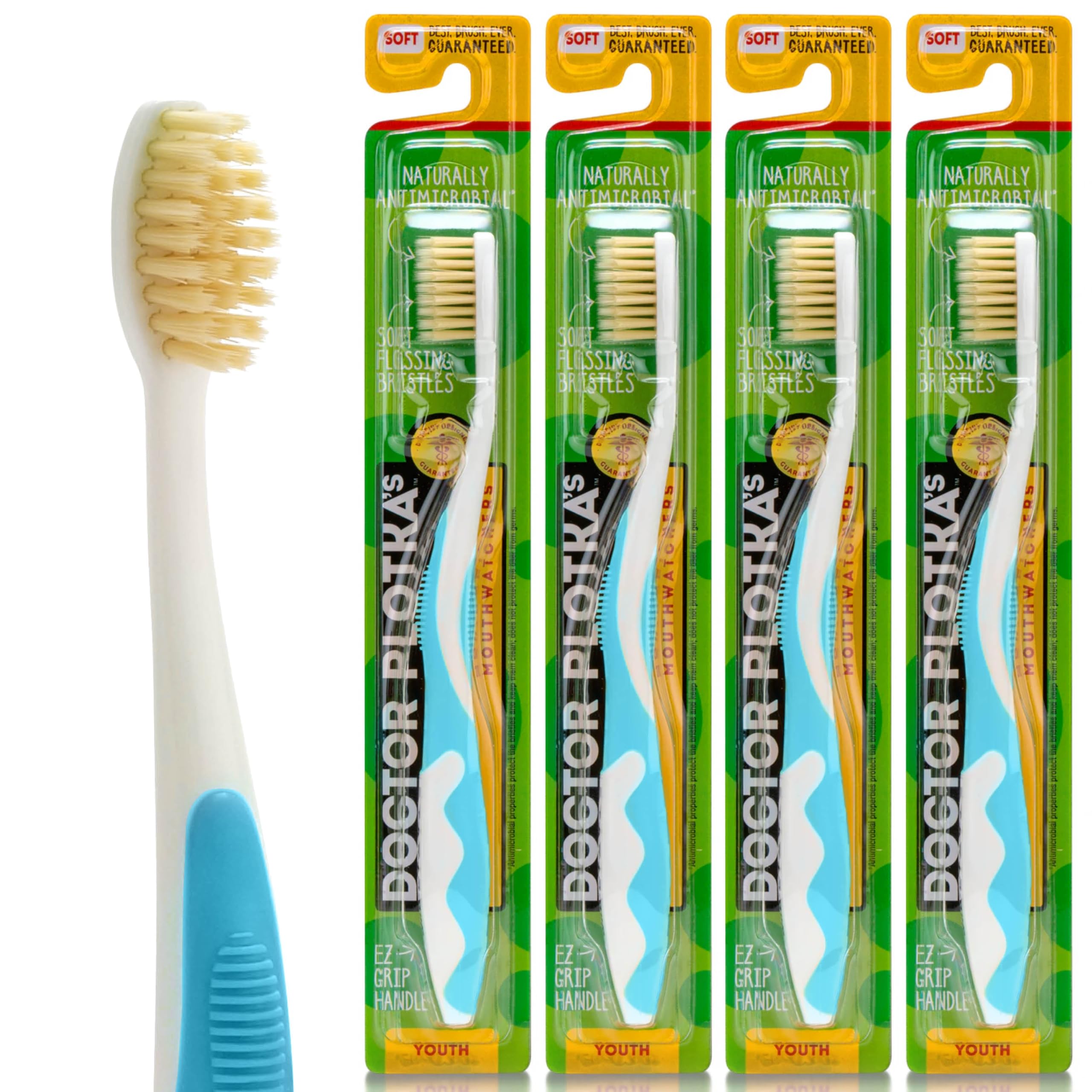 MOUTHWATCHERS Soft Childrens Flossing Manual Toothbrush, Value Pack of 4, Blue, Toothbrushes for Kids & Teens, Ultra Clean, by Dr. Plotka's