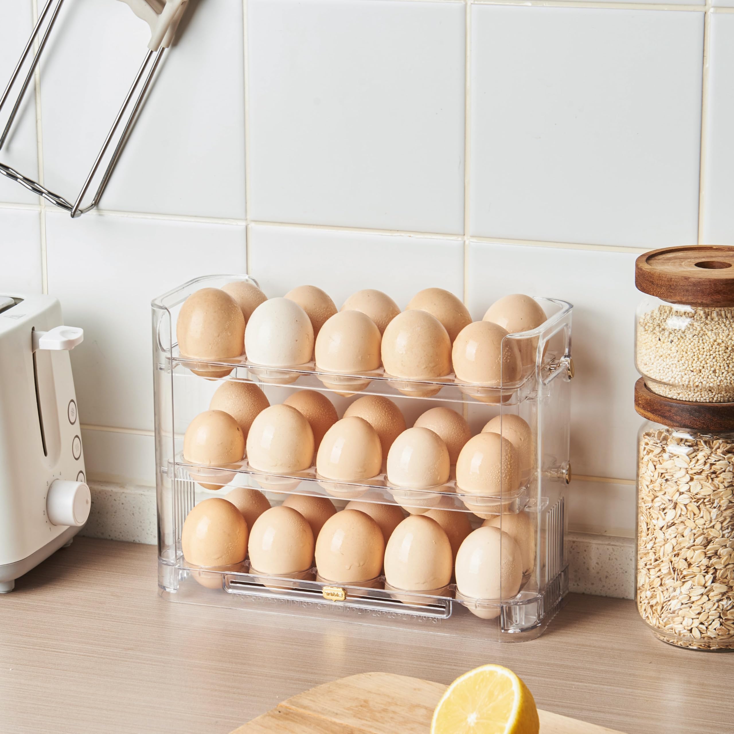 3 Tier Stackable Egg Storage Container with Date Tracker, Clear BPA-Free Plastic Organiser, Space-Saving Holder for 30 Eggs with Movable Trays, Fits Fridge Door