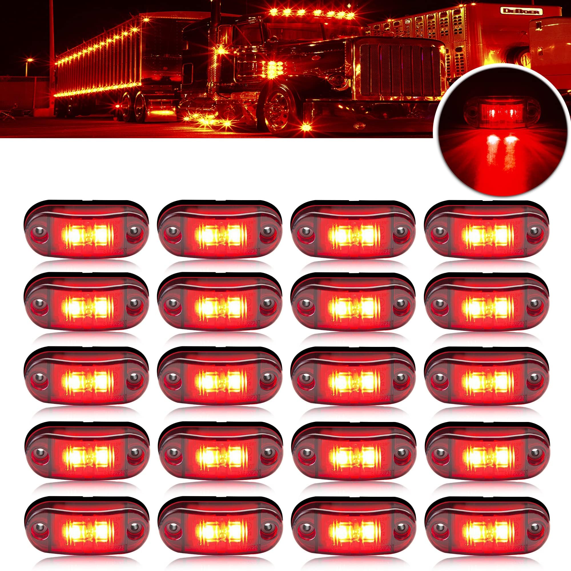 20pcs Red DC12-24V IP68 Waterproof Trailer LED Lights Side Marker and Clearance Indicators Lights for RV, Camper, Truck, Van, Caravan and Boat, Front and Rear