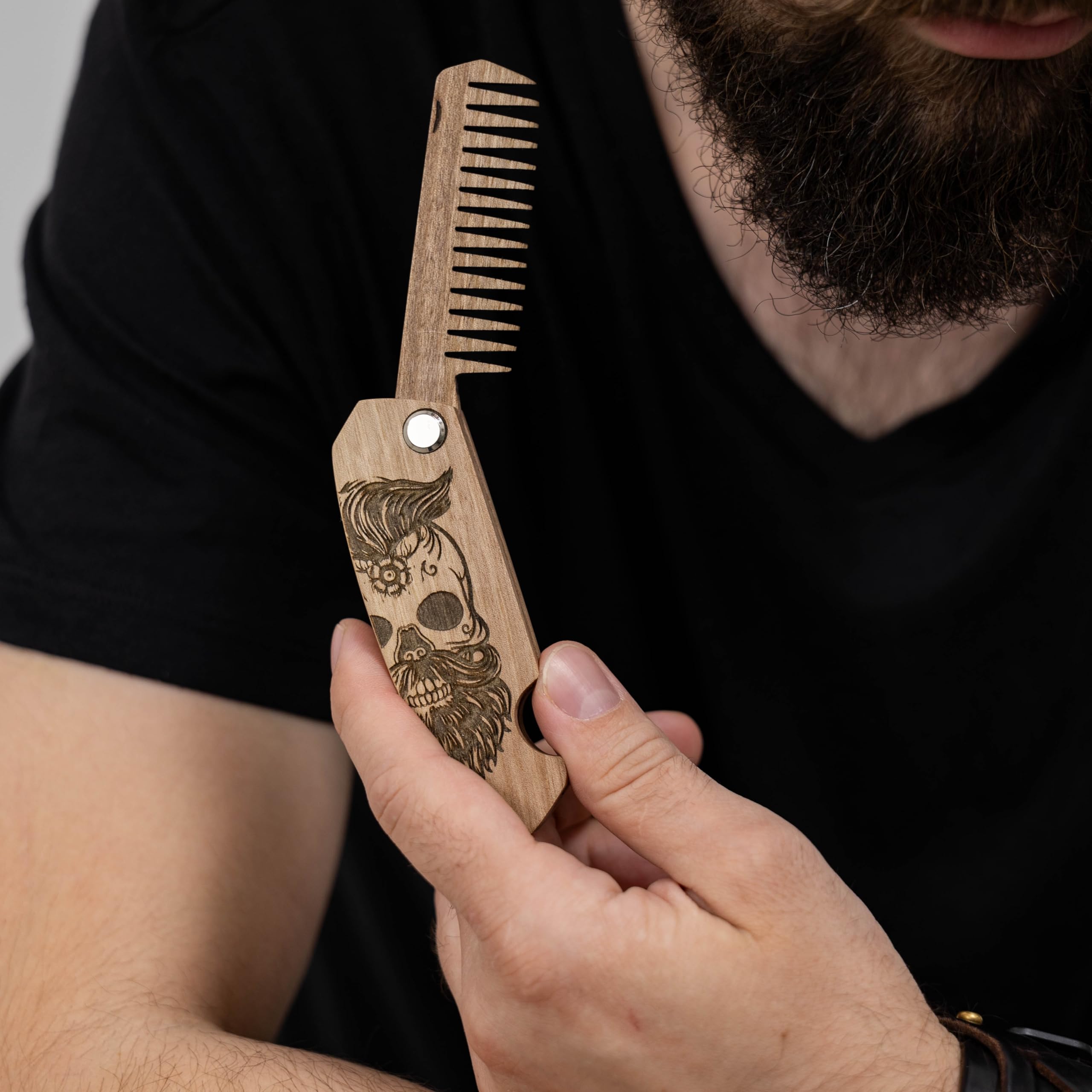 Enjoy The Wood Beard Comb for Men, Folding Pocket Beard Accessories for Men, Engraved Walnut Wooden Comb for Moustache, Beard & Hair For Him (Half Skull)