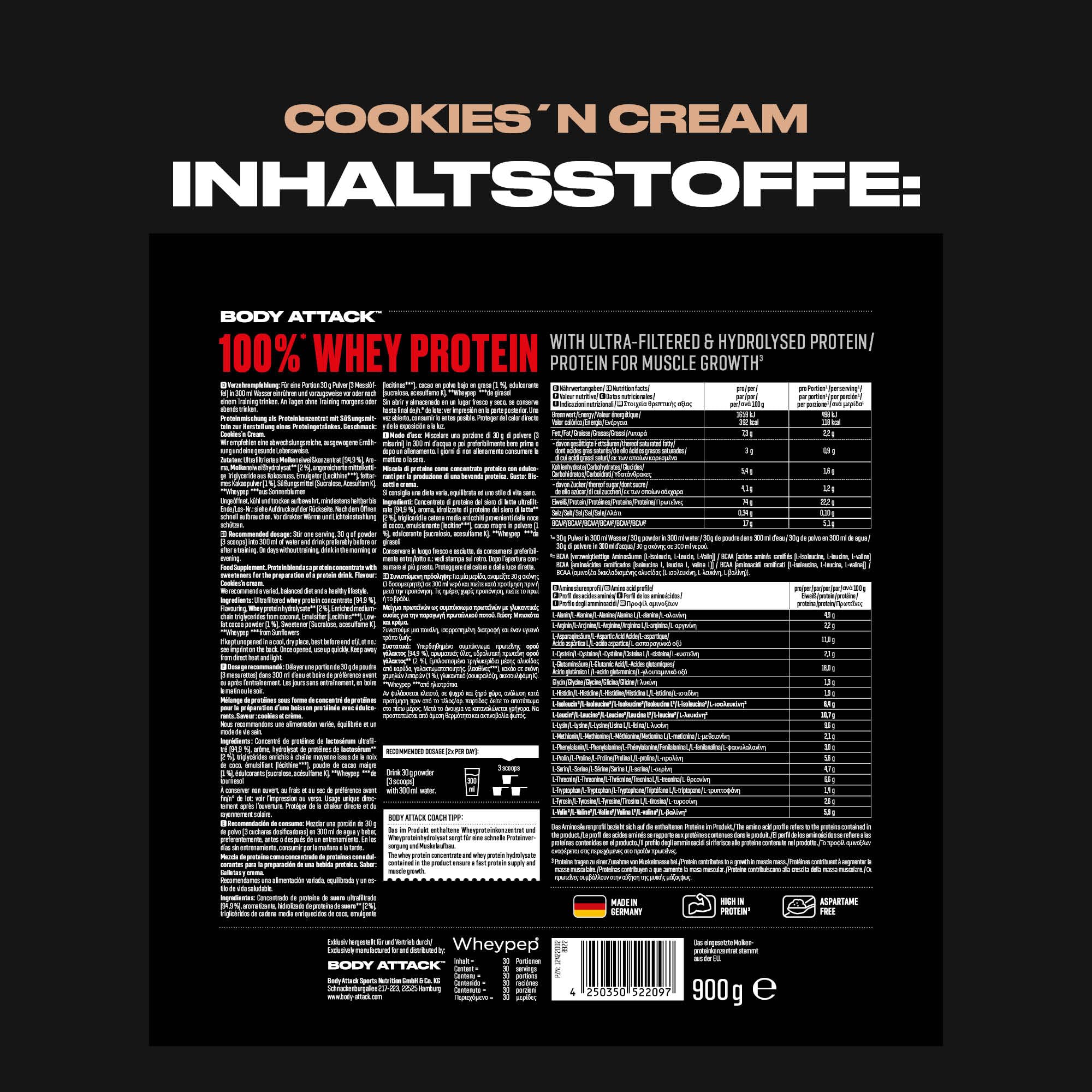 Body Attack 100% whey protéine, protéines musculation - protein powder crémeuse avec hydrolysat et BCAA, prise de masse et régimes, pour athlètes et sportifs-Fabriqué en Allemagne-900g Cookies n Cream